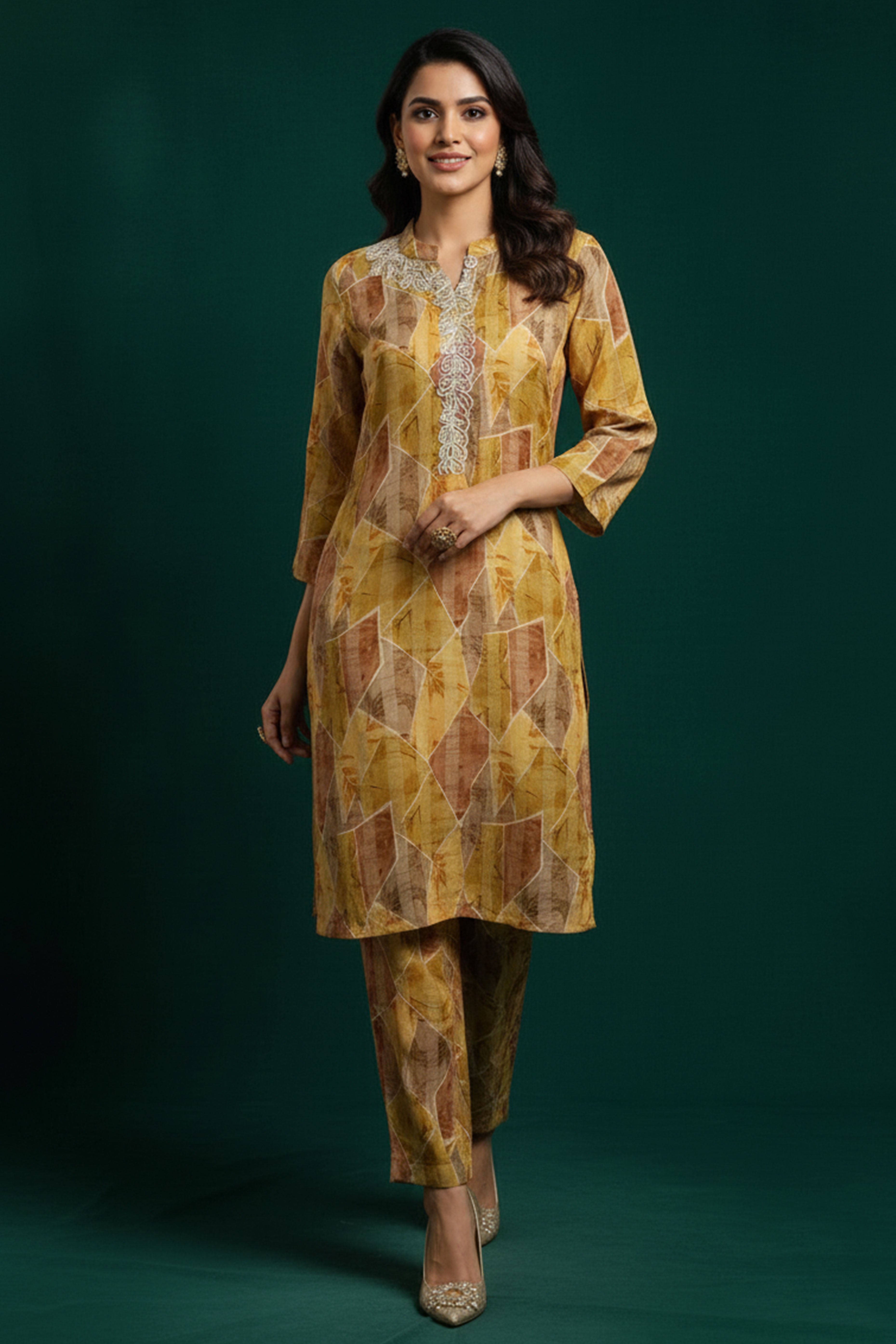 Mustard Geometric Patterned Viscose Straight Cut Top and Bottom Ensemble