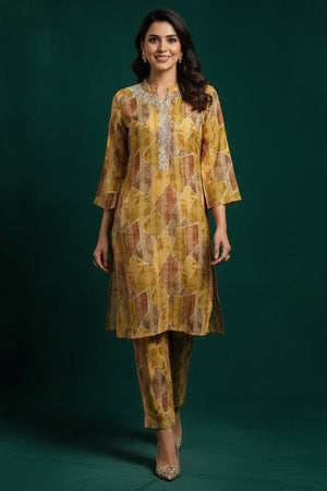 Mustard Geometric Patterned Viscose Straight Cut Top and Bottom Ensemble