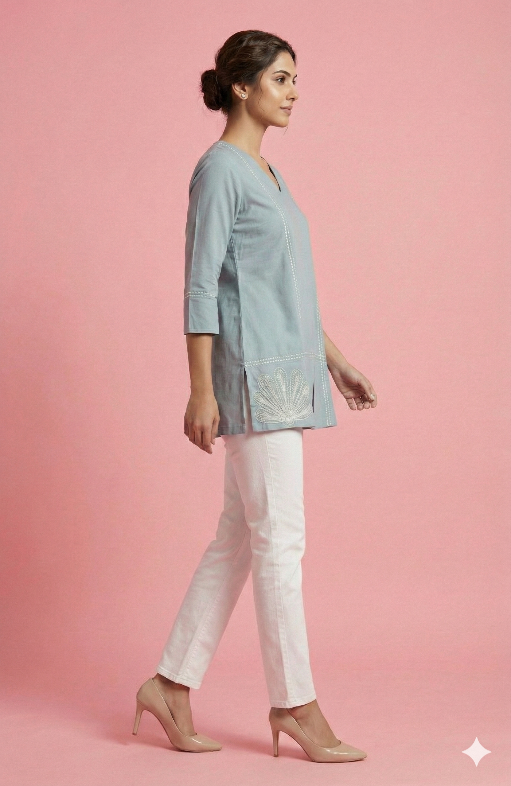 Stylish Grey V-Neck Short Pure Cotton Top Featuring Floral Thread Embroidery & Subtle Sequins Work