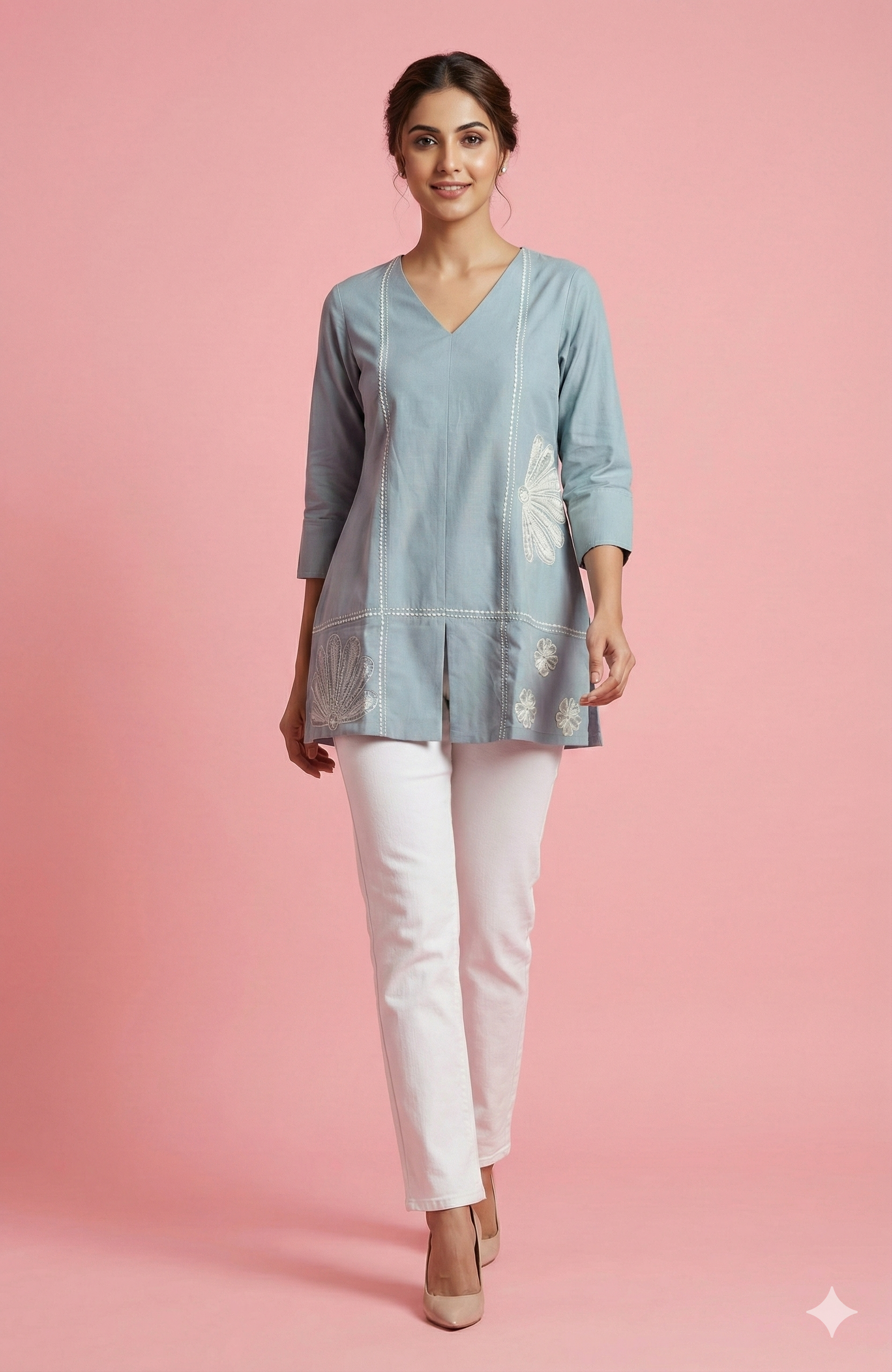 Stylish Grey V-Neck Short Pure Cotton Top Featuring Floral Thread Embroidery & Subtle Sequins Work