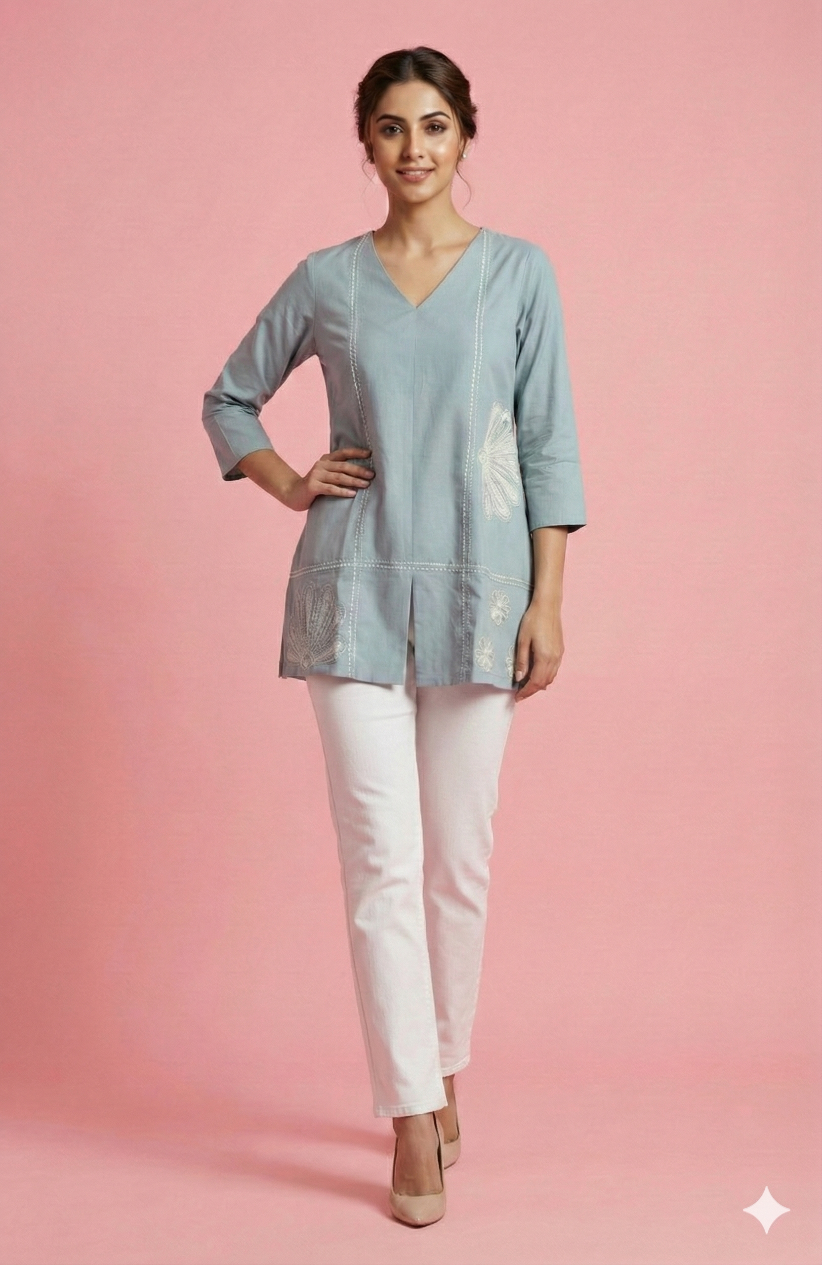 Stylish Grey V-Neck Short Pure Cotton Top Featuring Floral Thread Embroidery & Subtle Sequins Work