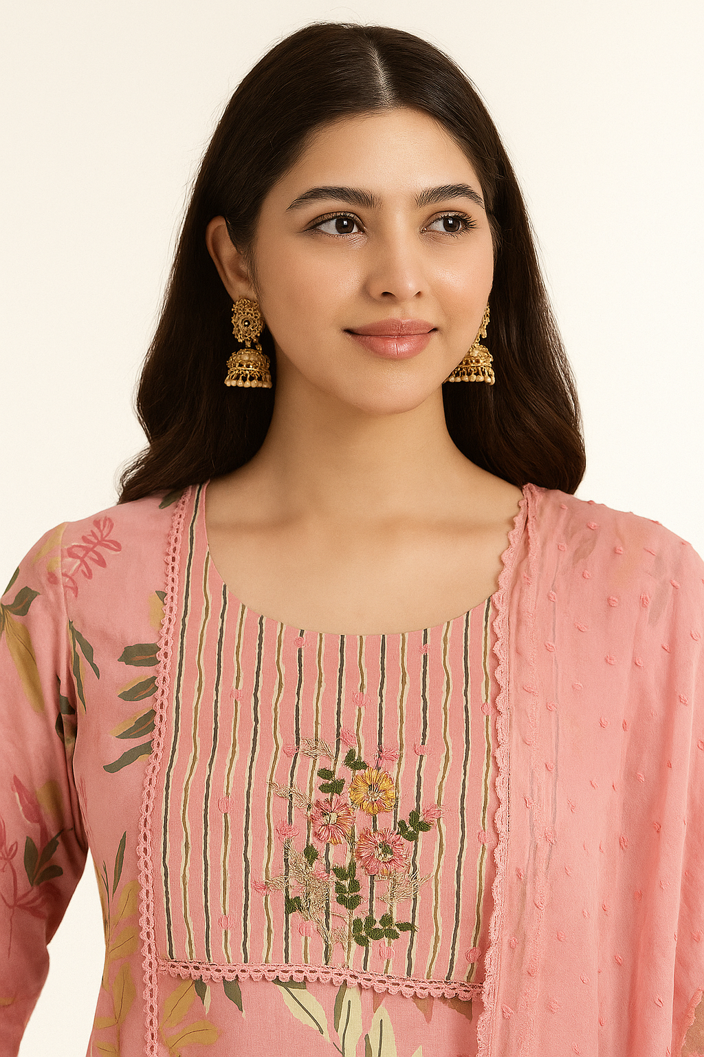 Pink Floral Printed Pure Cotton Straight Salwar Suit with Handwork Neckline