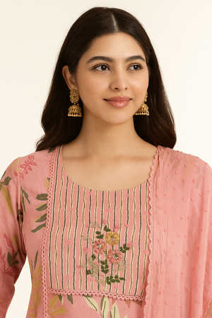 Pink Floral Printed Pure Cotton Straight Salwar Suit with Handwork Neckline