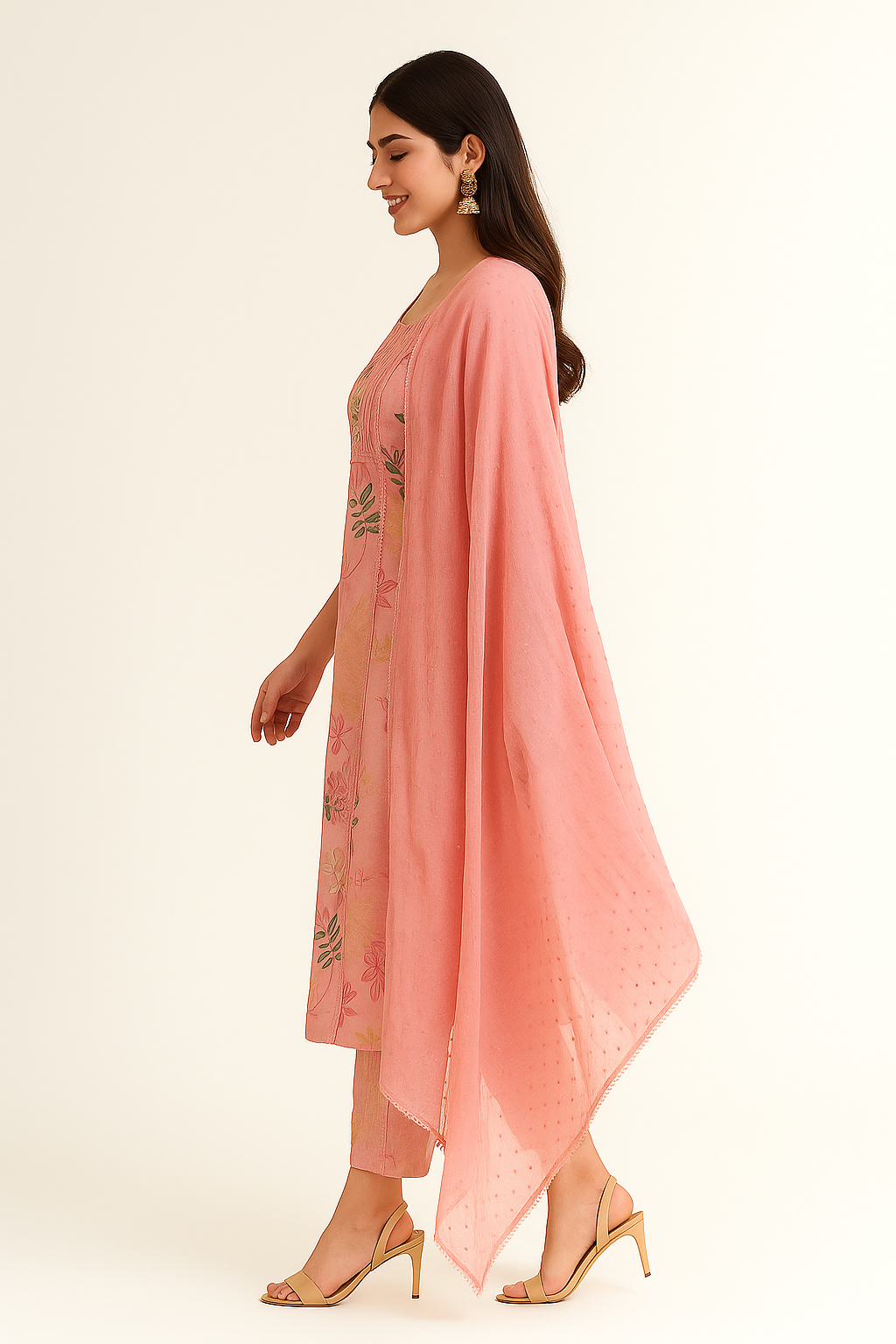 Pink Floral Printed Pure Cotton Straight Salwar Suit with Handwork Neckline