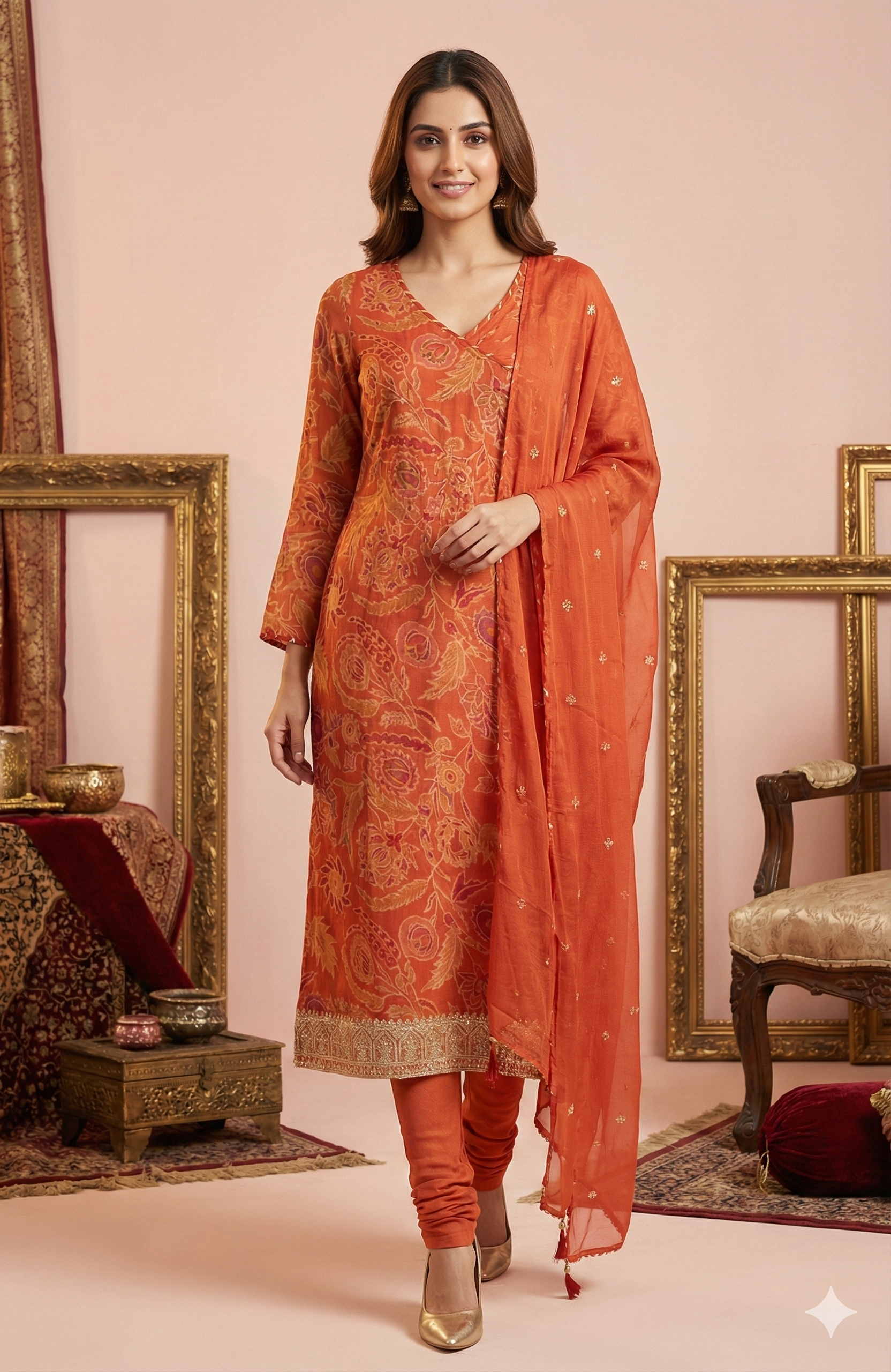 Charming Orange A-Line Angrakha Salwar Suit In Chinon With Delicate Floral Sequins Embroidery