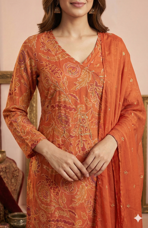 Charming Orange A-Line Angrakha Salwar Suit In Chinon With Delicate Floral Sequins Embroidery