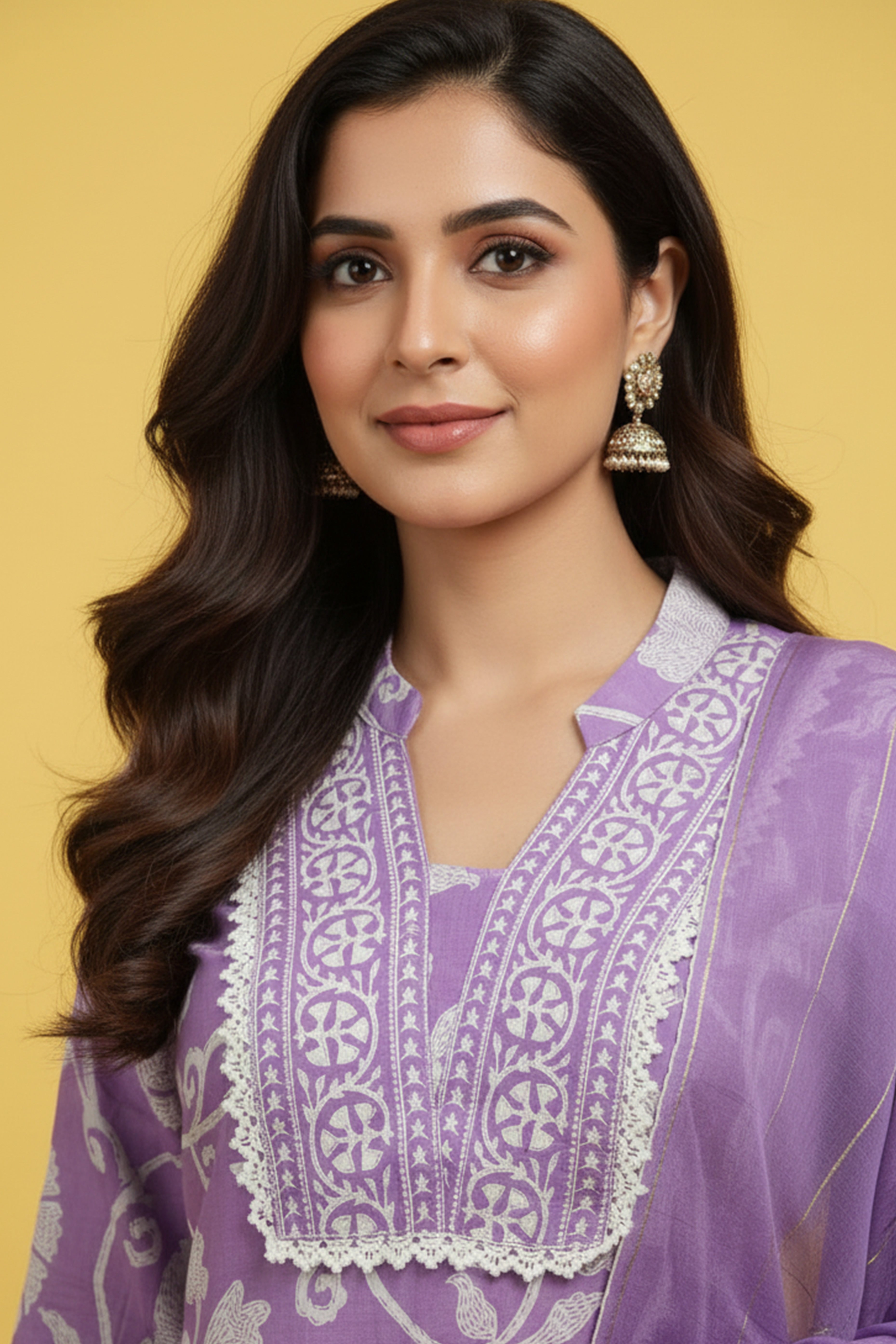 Lavender Pure Cotton Straight Salwar Suit with Floral Print