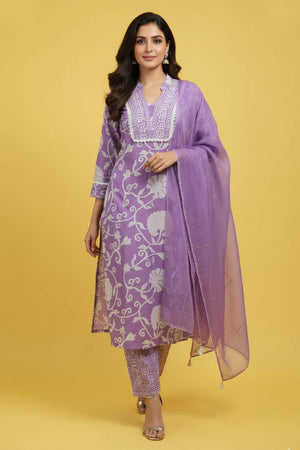Lavender Pure Cotton Straight Salwar Suit with Floral Print