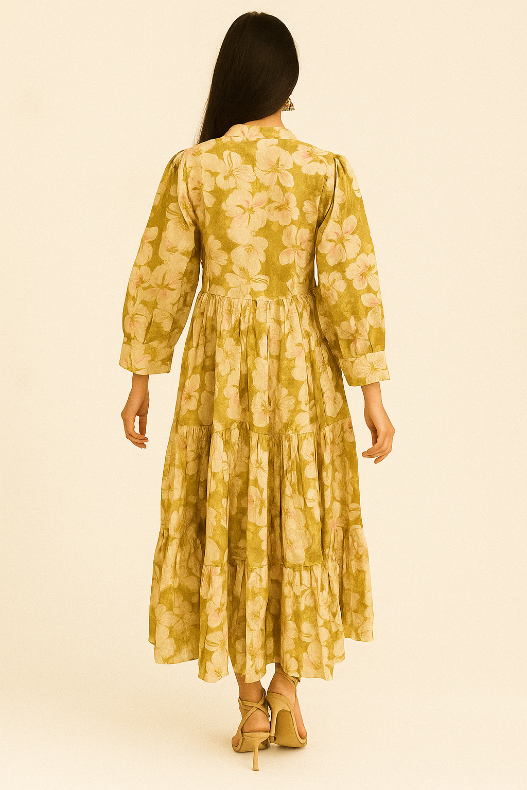 Green Floral Printed Viscose Blend Maxi Partywear Dress with Flowing Silhouette
