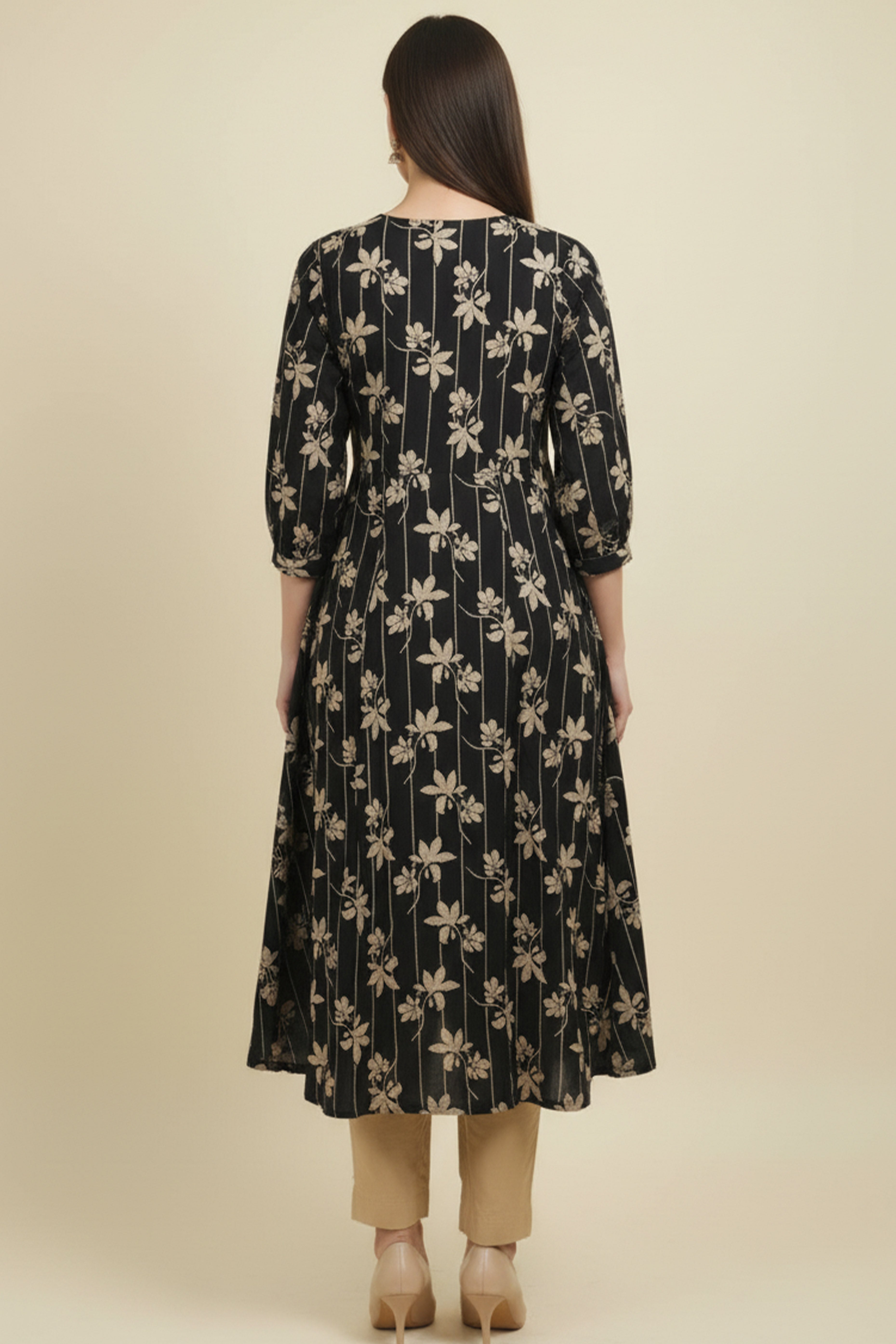 Modern Black A-Line Kurti in Viscose Fabric Accented with Floral Prints