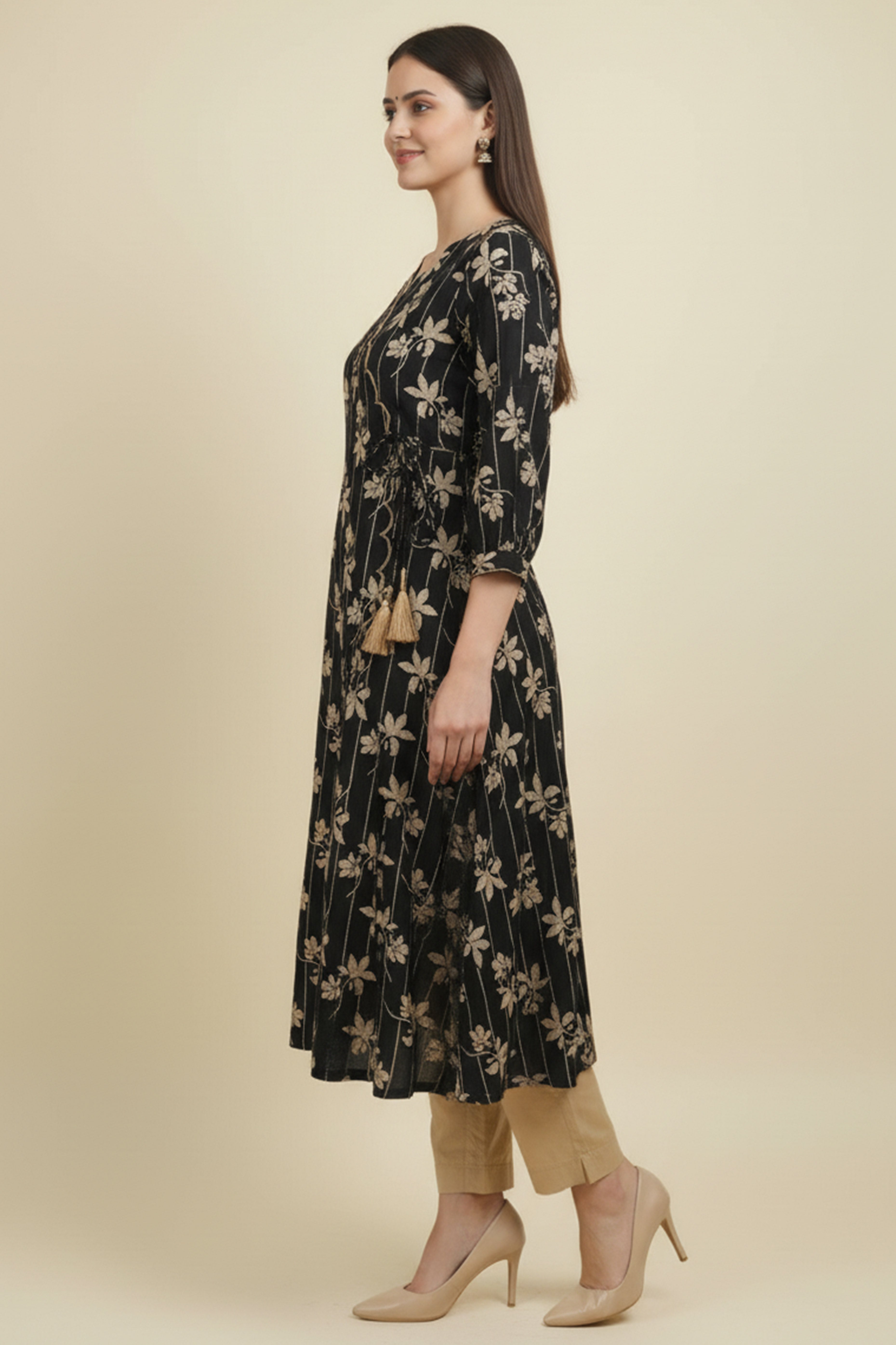 Modern Black A-Line Kurti in Viscose Fabric Accented with Floral Prints