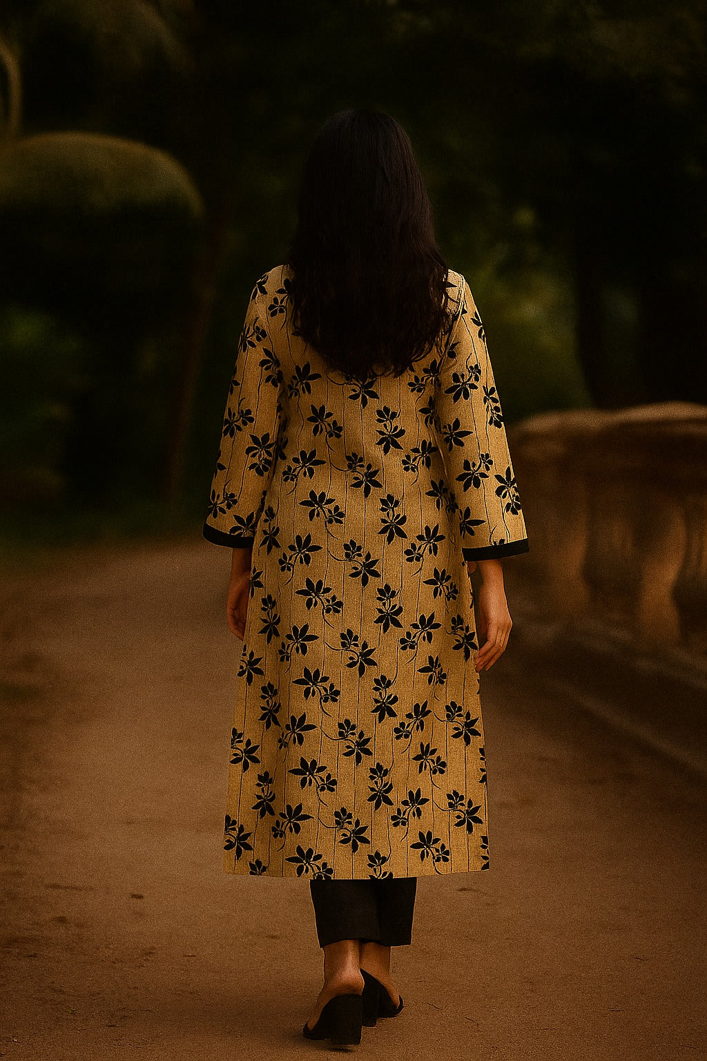 Cream Floral Printed Slub Viscose Blend Straight Kurti for Casual Wear