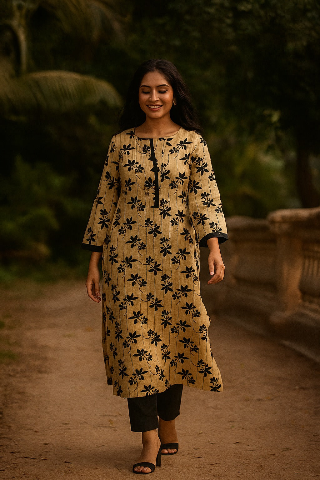 Cream Floral Printed Slub Viscose Blend Straight Kurti for Casual Wear
