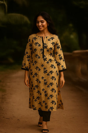 Cream Floral Printed Slub Viscose Blend Straight Kurti for Casual Wear