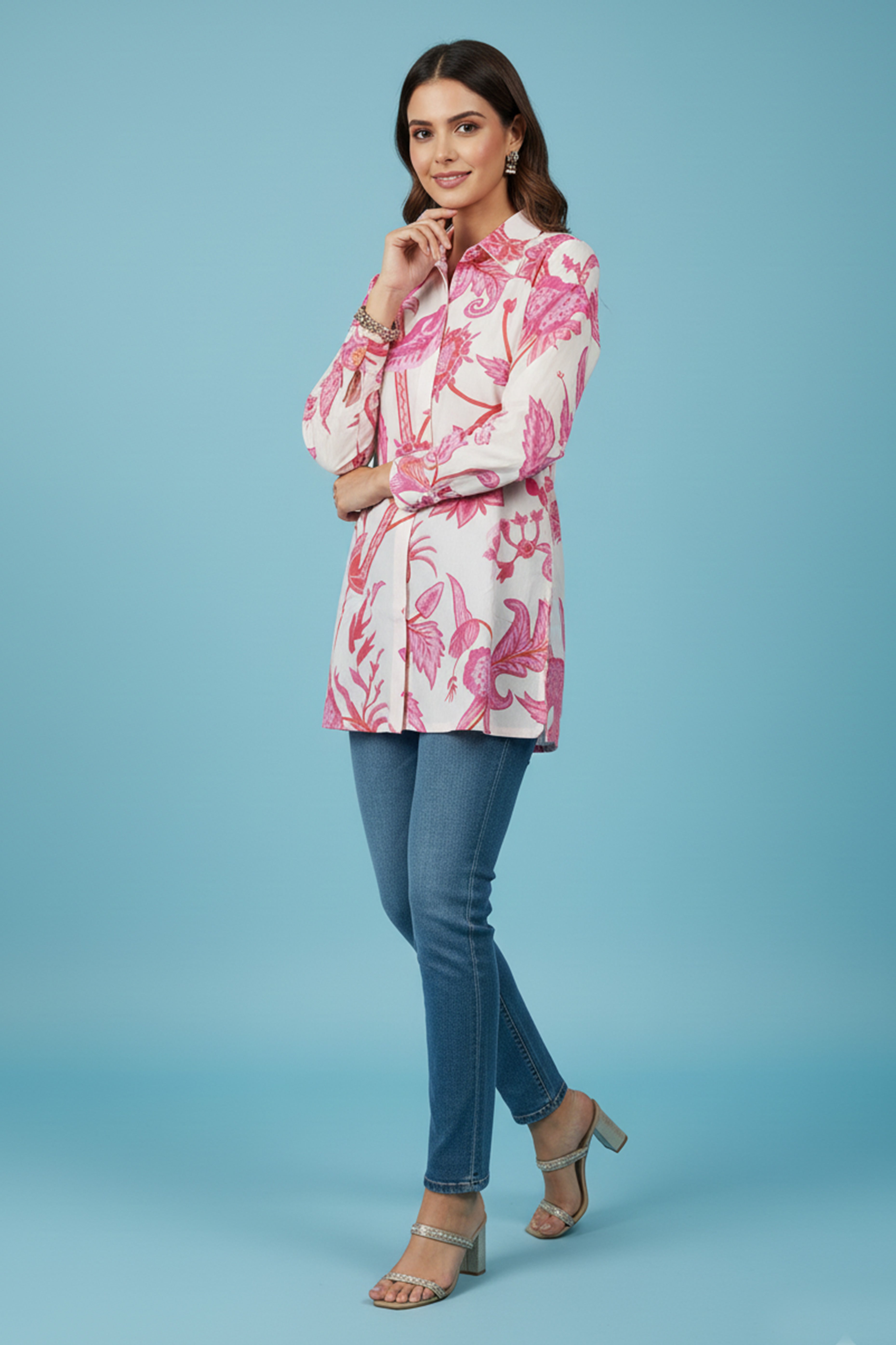Professional Pink Muslin Shirt Top with Subtle Floral Prints for Everyday Office