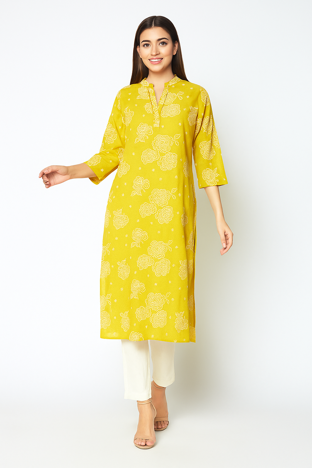 Mustard Casualwear Straight Kurti with Floral Prints in Pure Cotton
