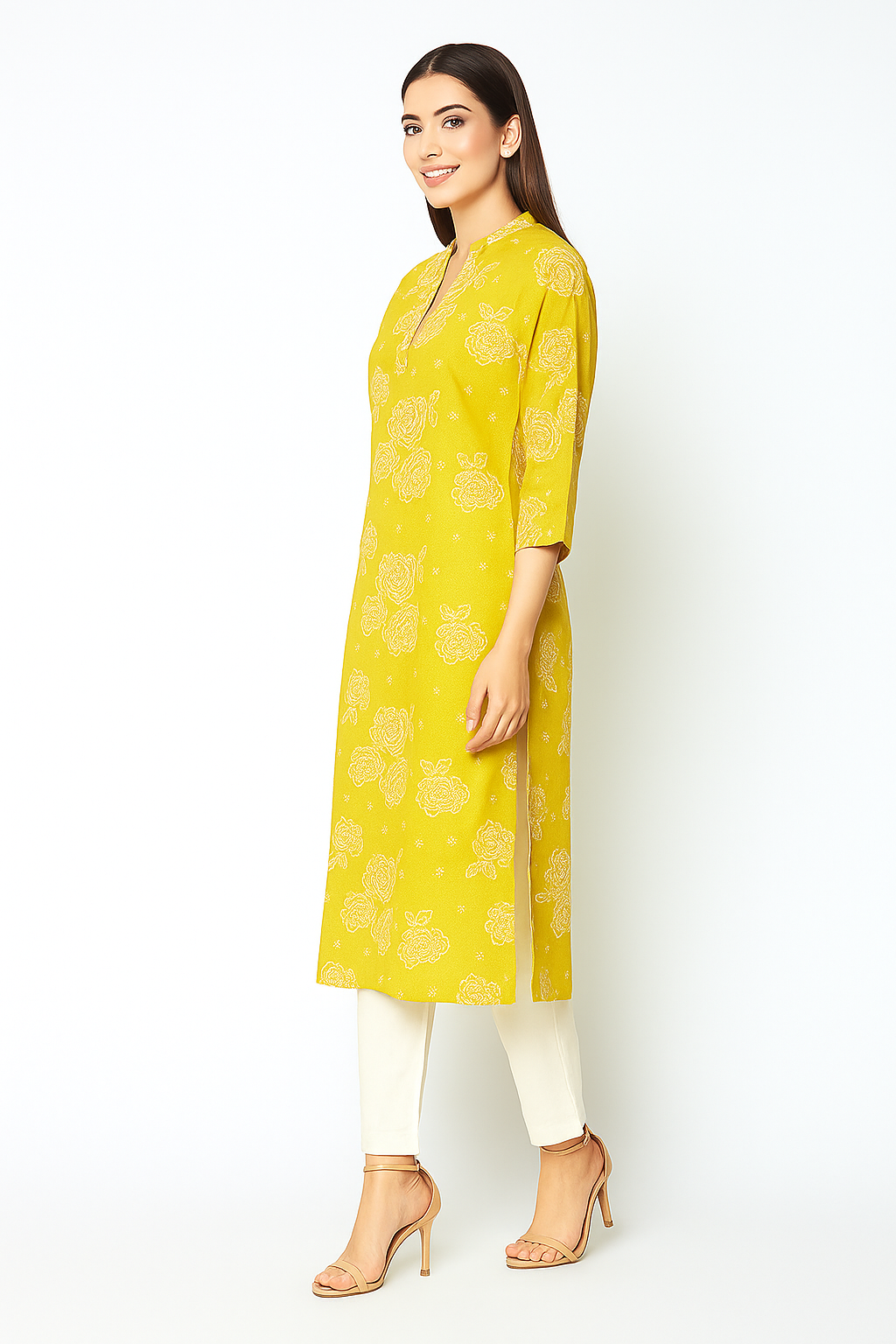 Mustard Casualwear Straight Kurti with Floral Prints in Pure Cotton
