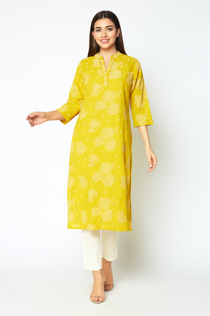 Mustard Casualwear Straight Kurti with Floral Prints in Pure Cotton