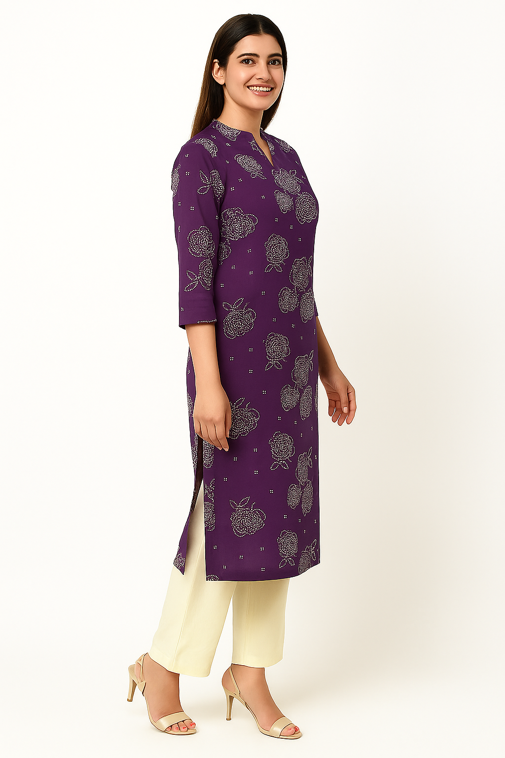 Purple Casualwear Straight Kurti with Floral Prints in Pure Cotton