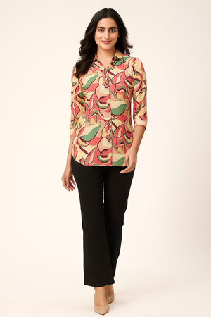 Everyday Style Multicolor Muslin Shirt Top with Abstract Pattern