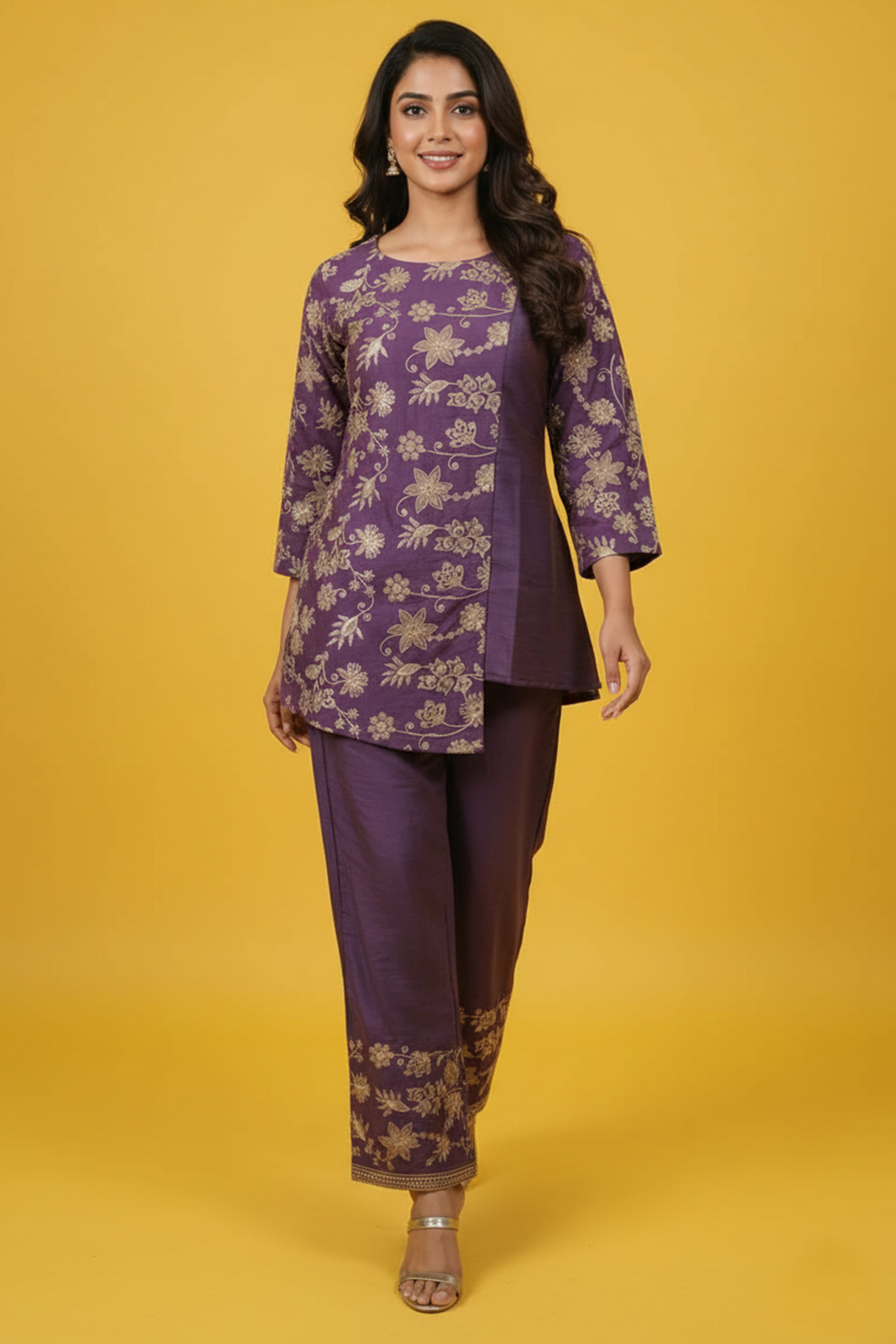 Purple Mirai Viscose Top Bottom Set Adorned with Beautiful Golden Thread Floral Embroidery