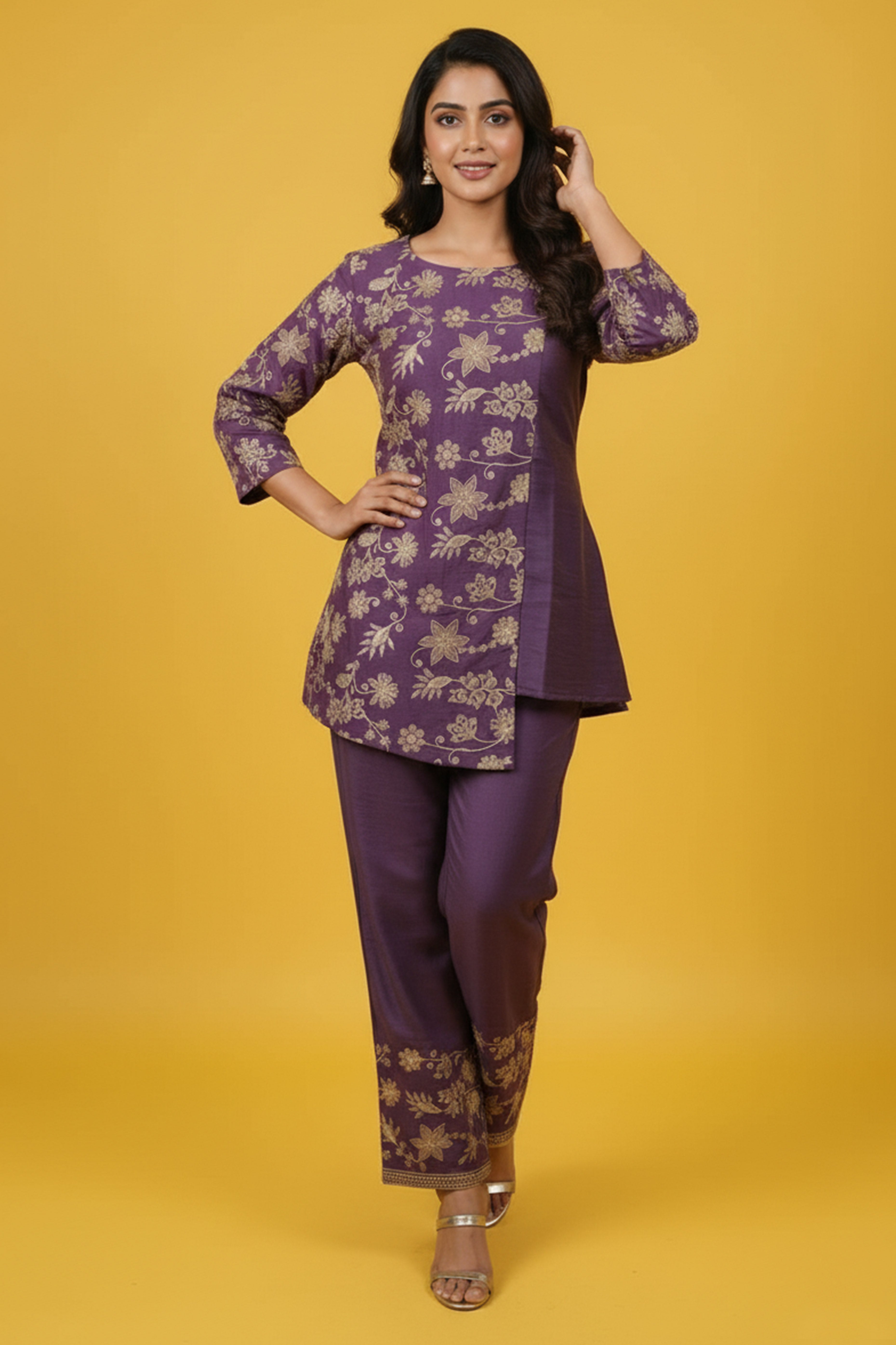 Purple Mirai Viscose Top Bottom Set Adorned with Beautiful Golden Thread Floral Embroidery
