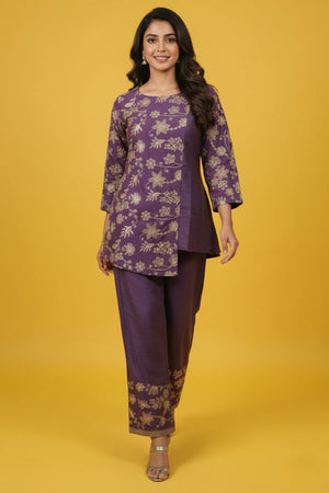Purple Mirai Viscose Top Bottom Set Adorned with Beautiful Golden Thread Floral Embroidery