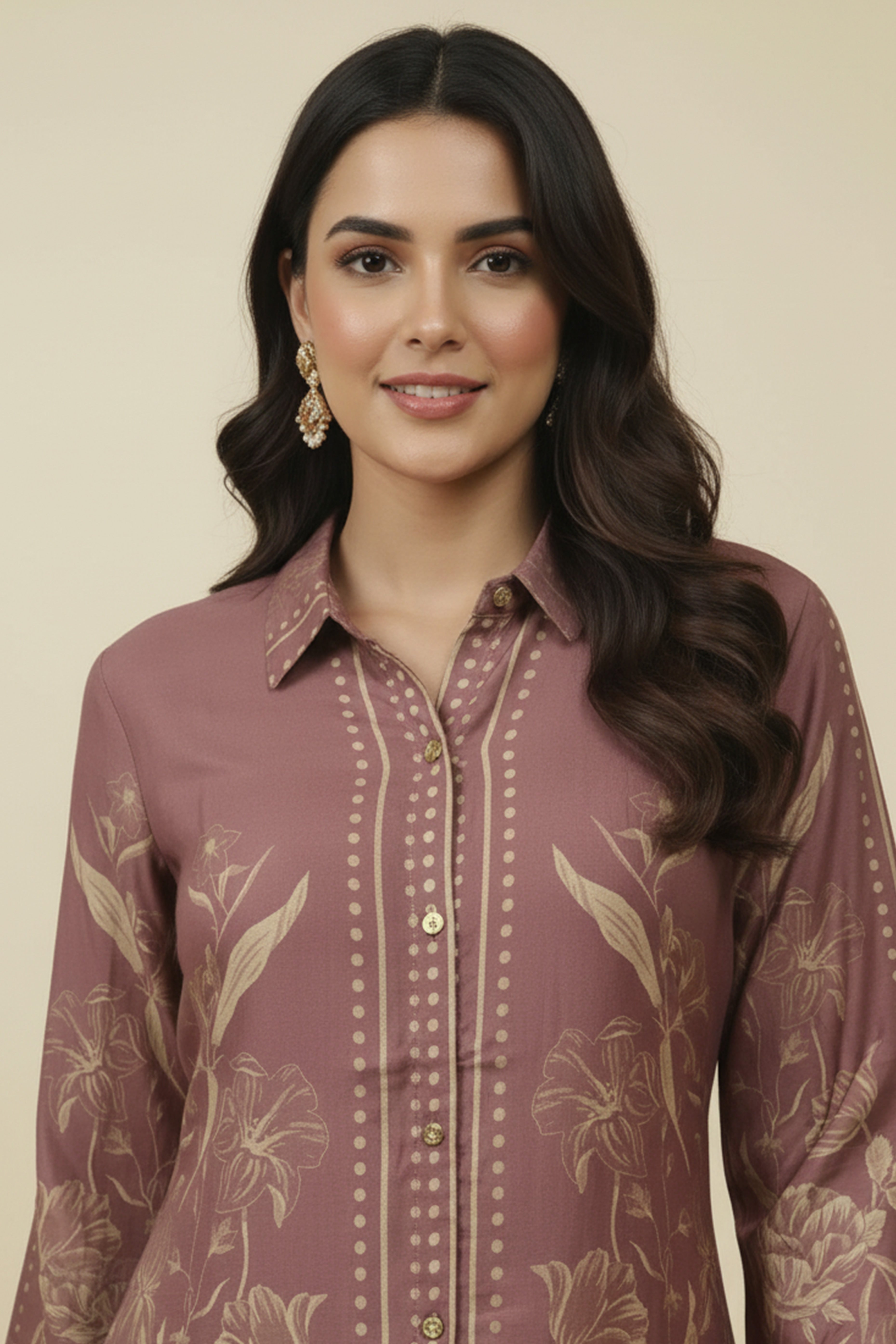 Brown Muslin Co-ord Set Featuring Floral Prints with Shirt Style Top and Matching Bottoms