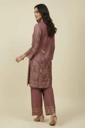 Brown Muslin Co-ord Set Featuring Floral Prints with Shirt Style Top and Matching Bottoms