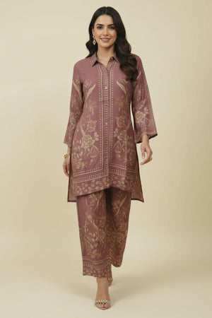 Brown Muslin Co-ord Set Featuring Floral Prints with Shirt Style Top and Matching Bottoms
