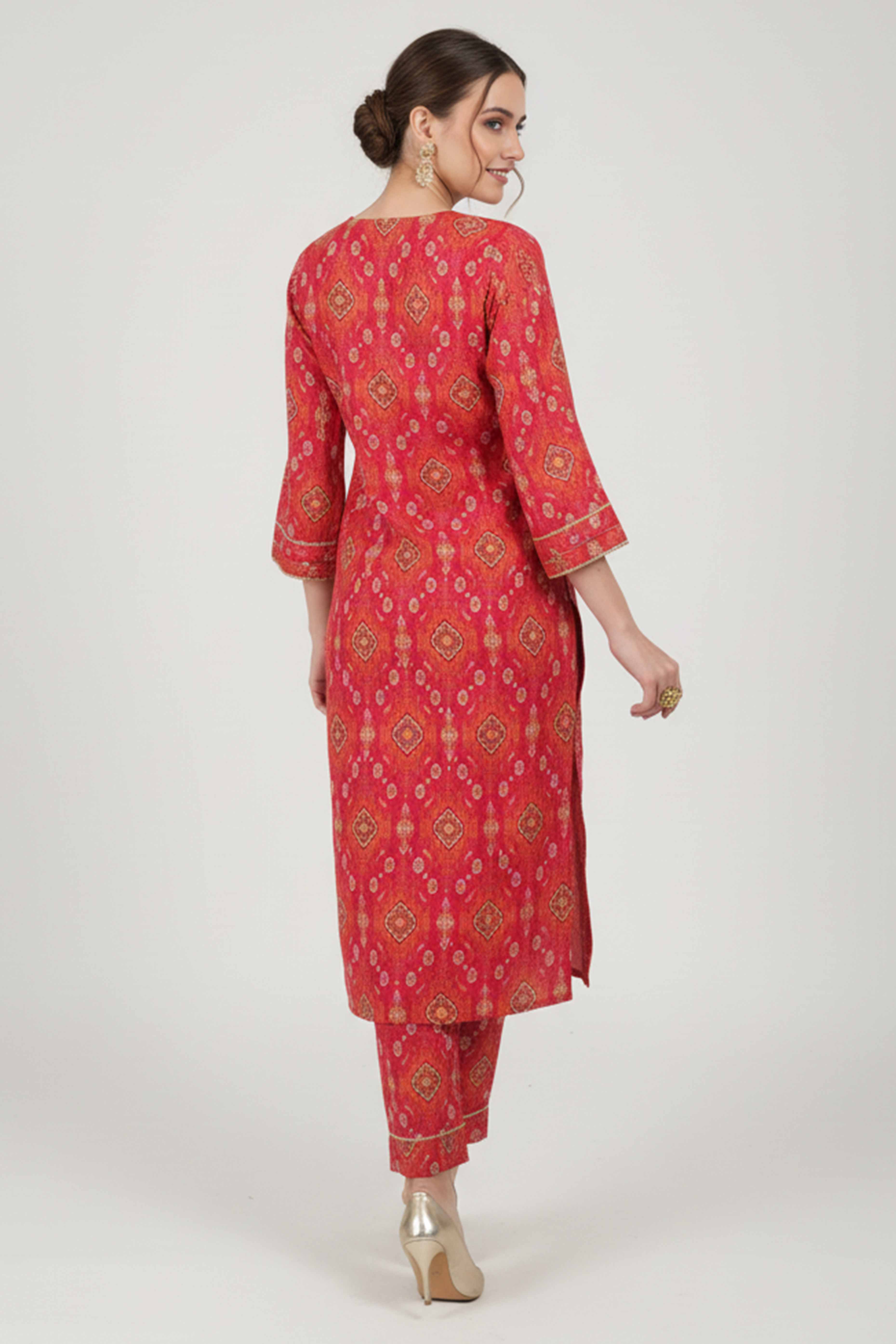 Rani Pink Ikat-Inspired Printed Cotton Blend A Line Co-Ord Set With Front Button Detailing