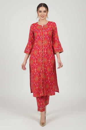 Rani Pink Ikat-Inspired Printed Cotton Blend A Line Co-Ord Set With Front Button Detailing