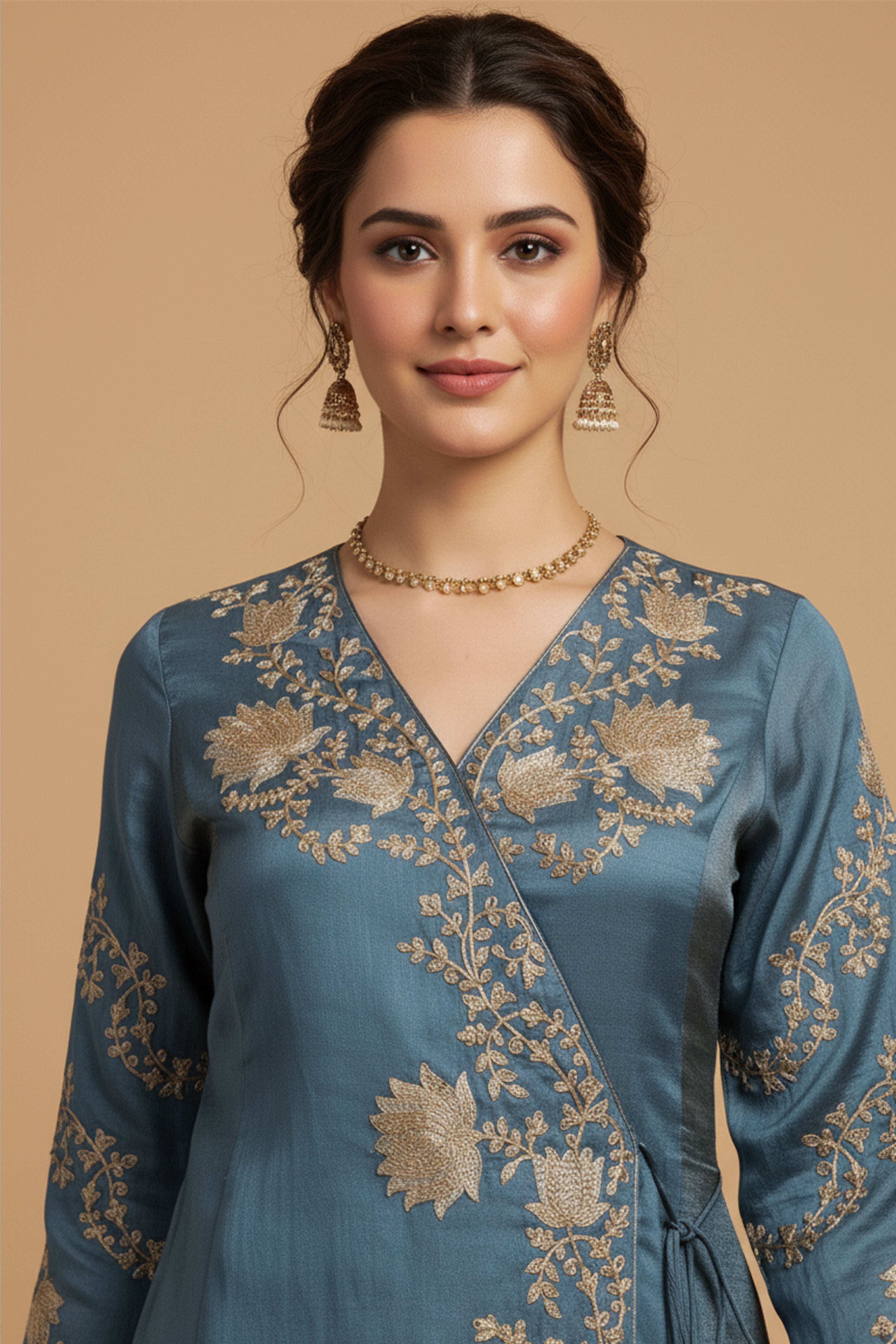 Turquoise Festive Viscose Blend Angrakha Set with Rich Thread Embroidery on Top and Bottom Pants