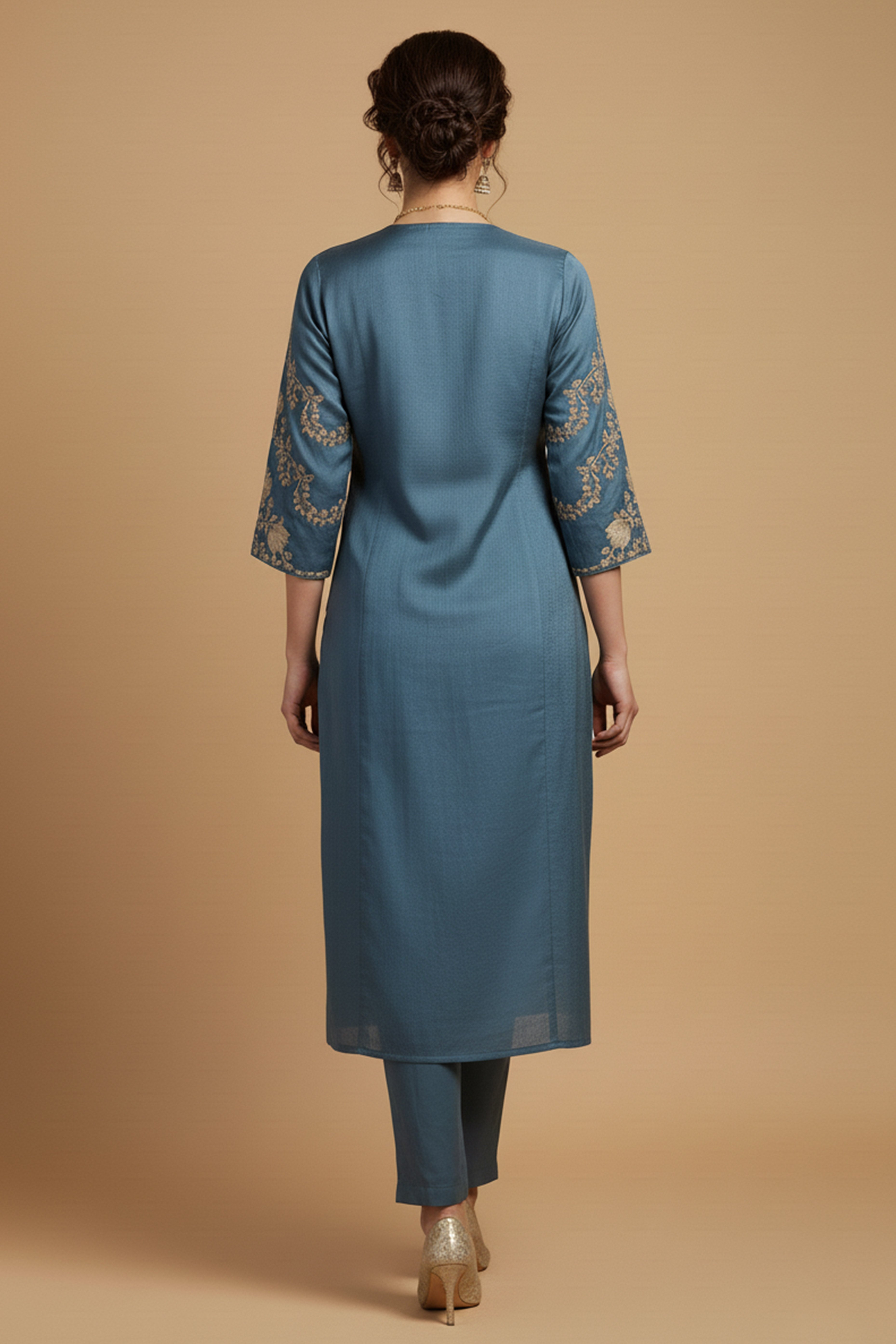 Turquoise Festive Viscose Blend Angrakha Set with Rich Thread Embroidery on Top and Bottom Pants