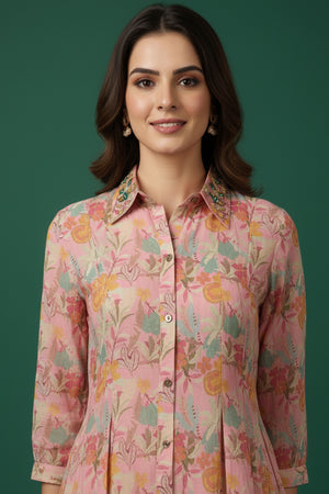 Light Pink Muslin A-Line Dress in Floral Print