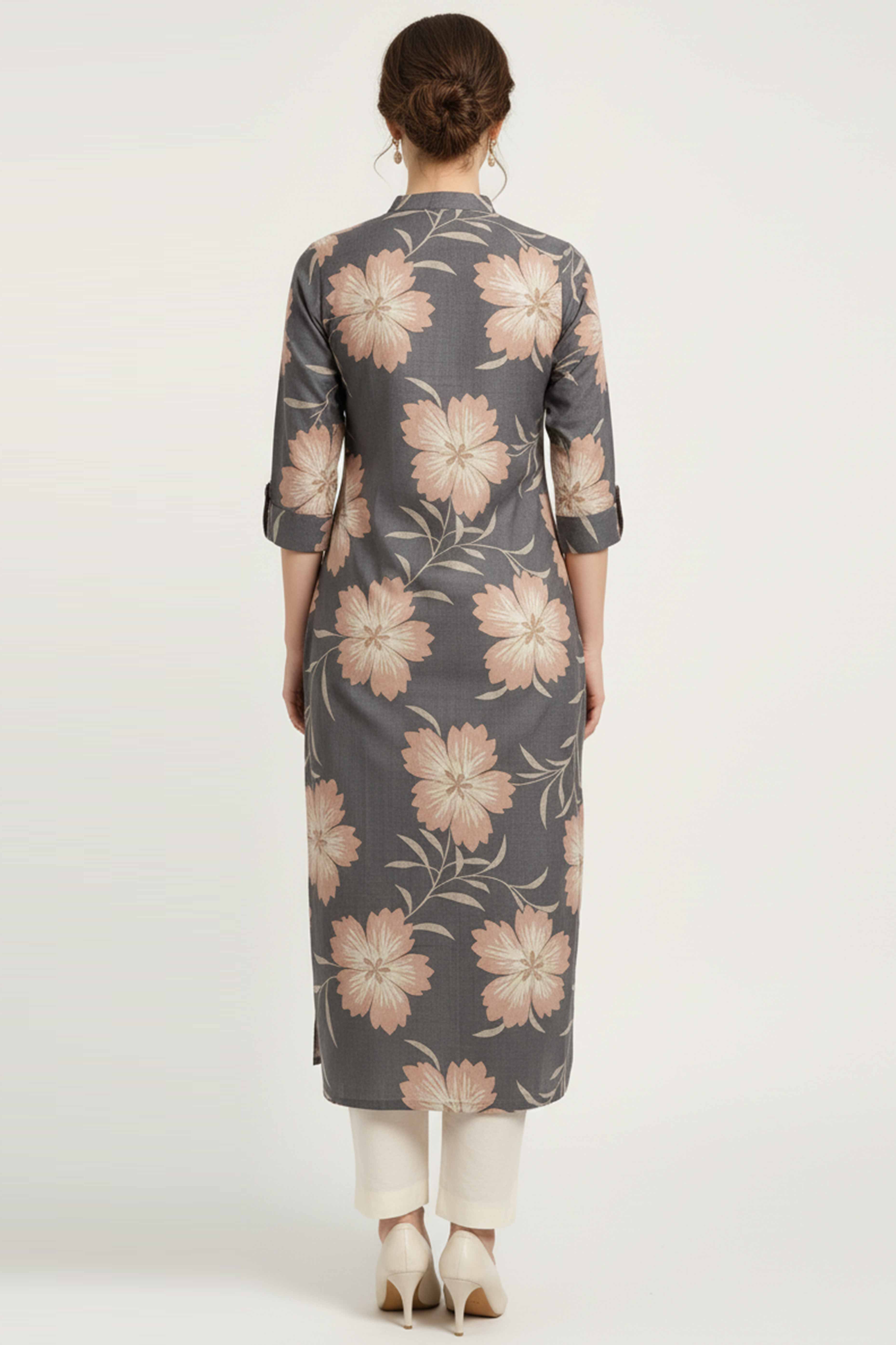 Chic Light Grey Straight Cut Kurti In Linen Vatican With Floral Print Detailing