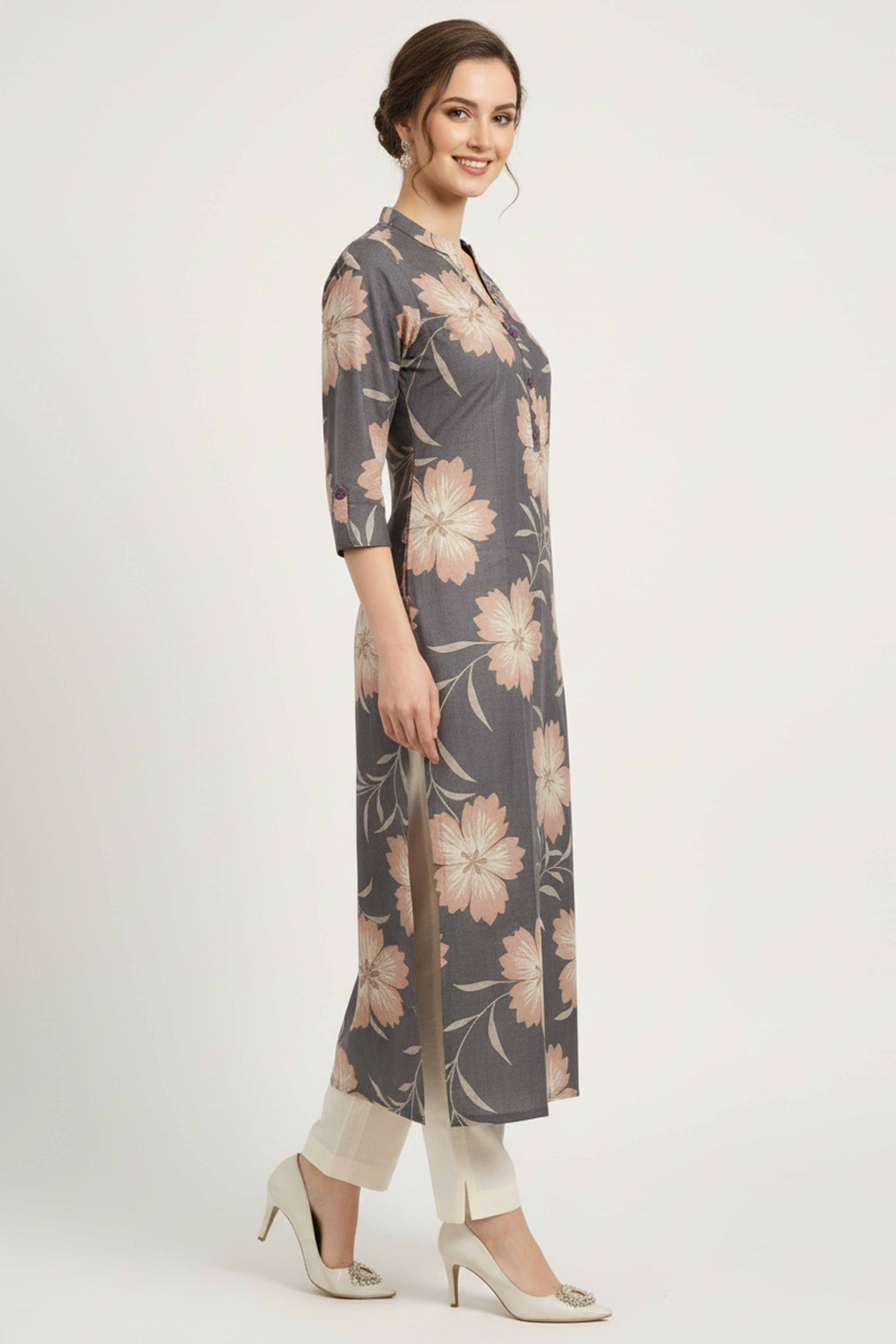 Chic Light Grey Straight Cut Kurti In Linen Vatican With Floral Print Detailing