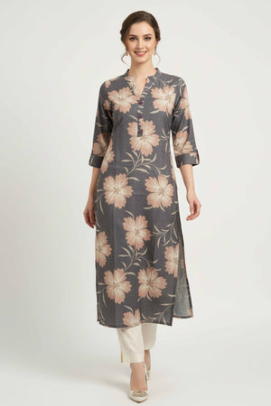 Chic Light Grey Straight Cut Kurti In Linen Vatican With Floral Print Detailing