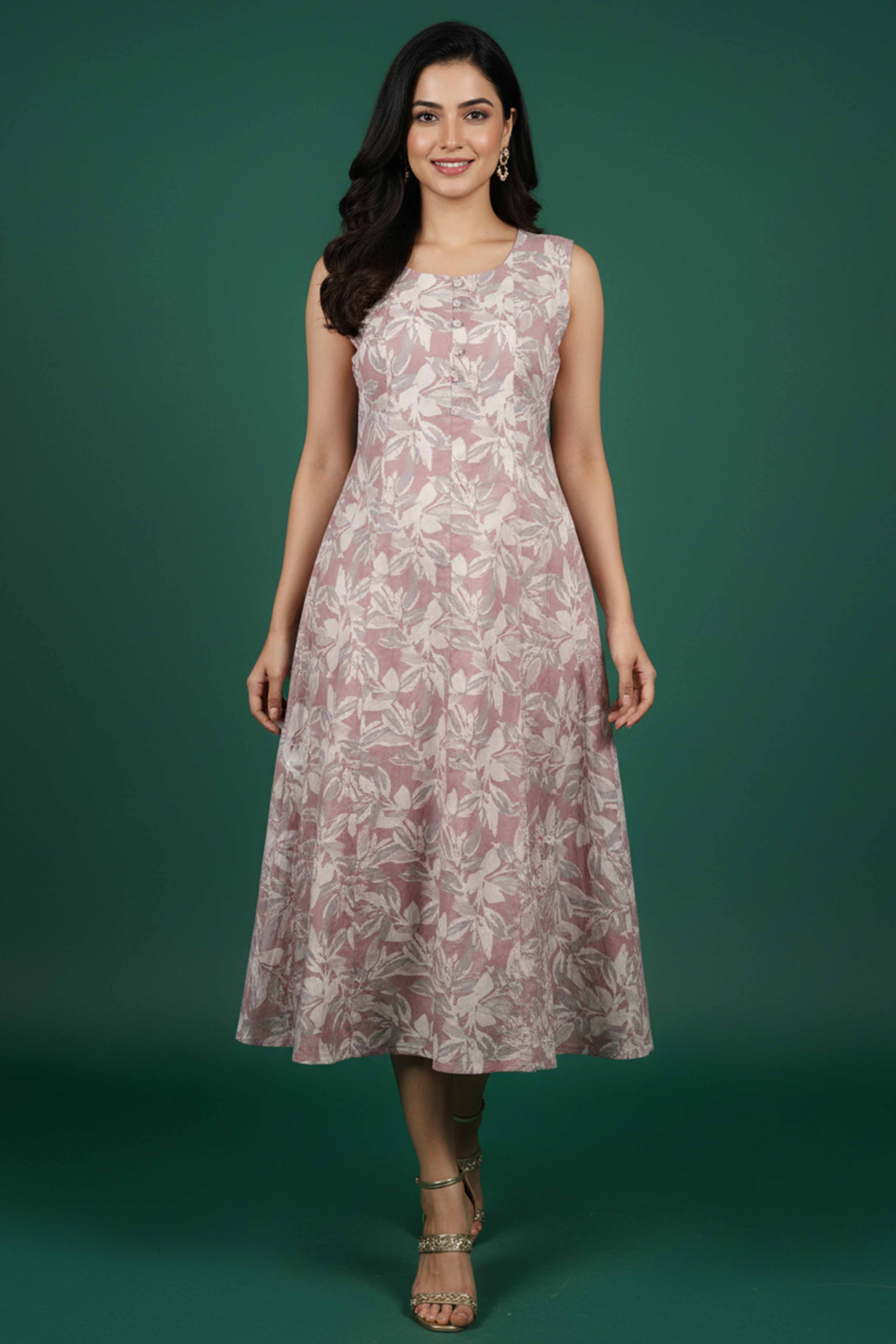 Stylish Peach Cotton Blend Dress Featuring Floral Prints & Sleeveless Cut With Pearl Button