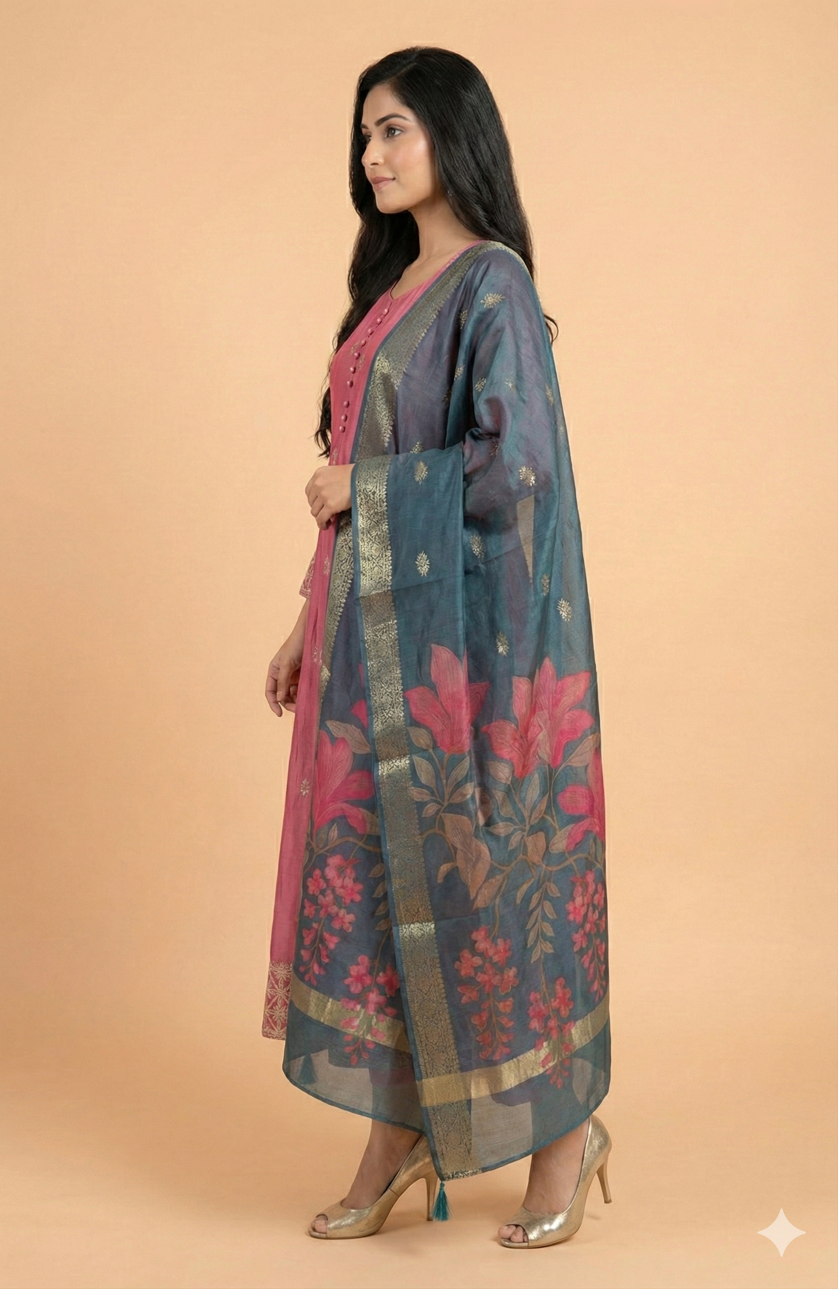 Pink Poly Chinon Anarkali Suit Featuring Delicate Floral Thread Work