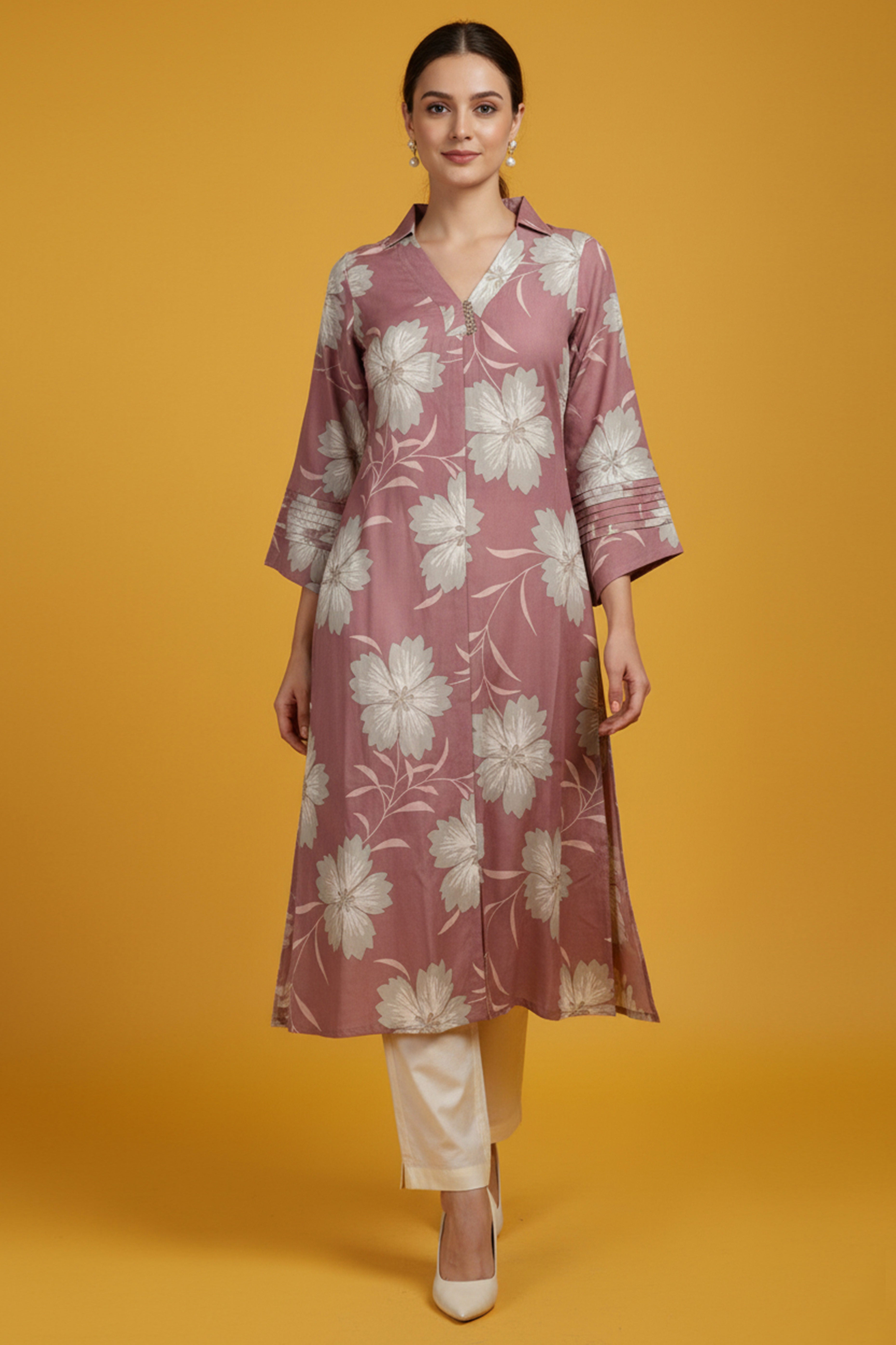Light Mauve Floral Printed A-Line Kurti in Viscose Blend Slub Fabric