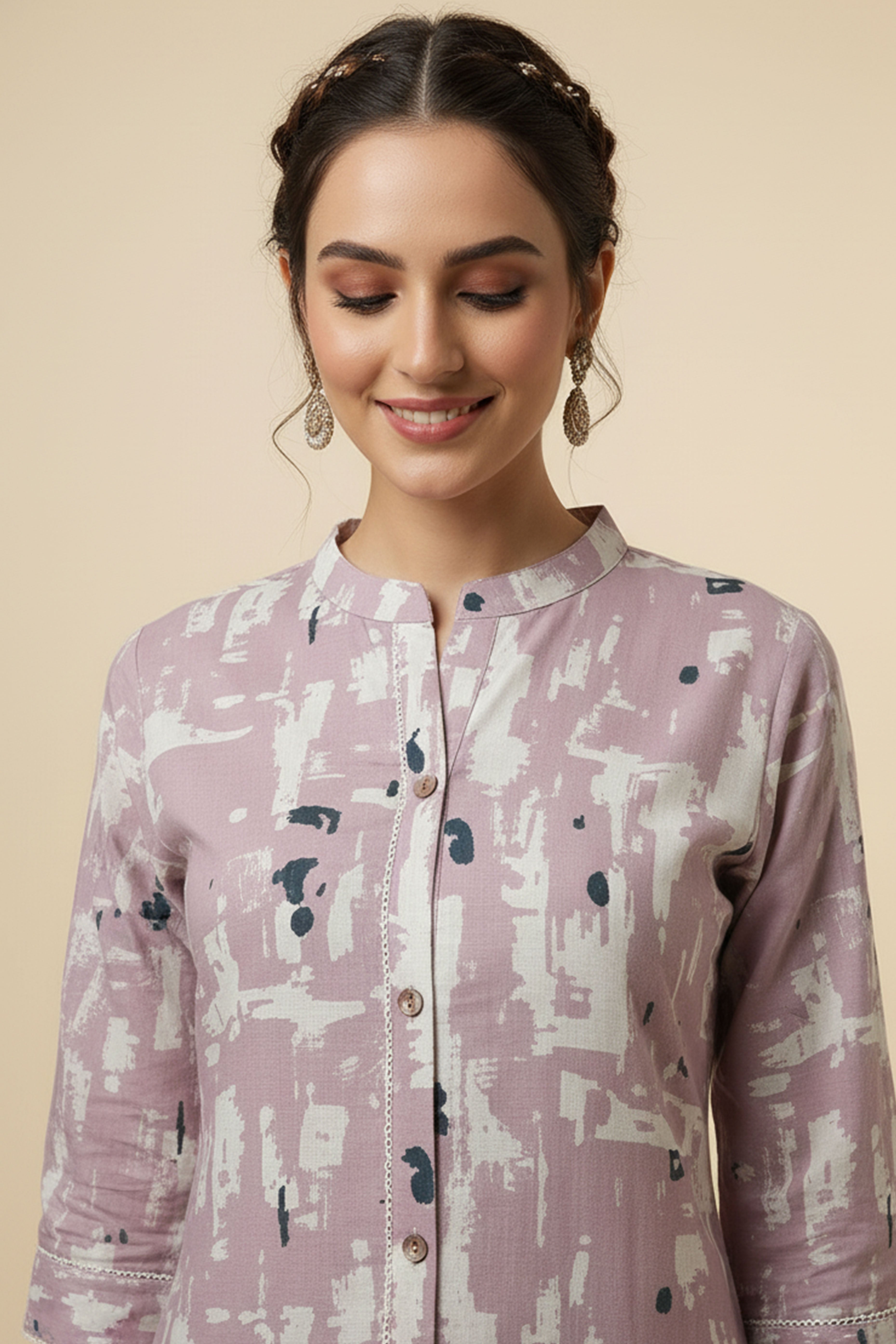 Baby Pink Abstract Printed Cotton Flex Straight Cut Two Piece Set Perfect for Smart Casual Looks