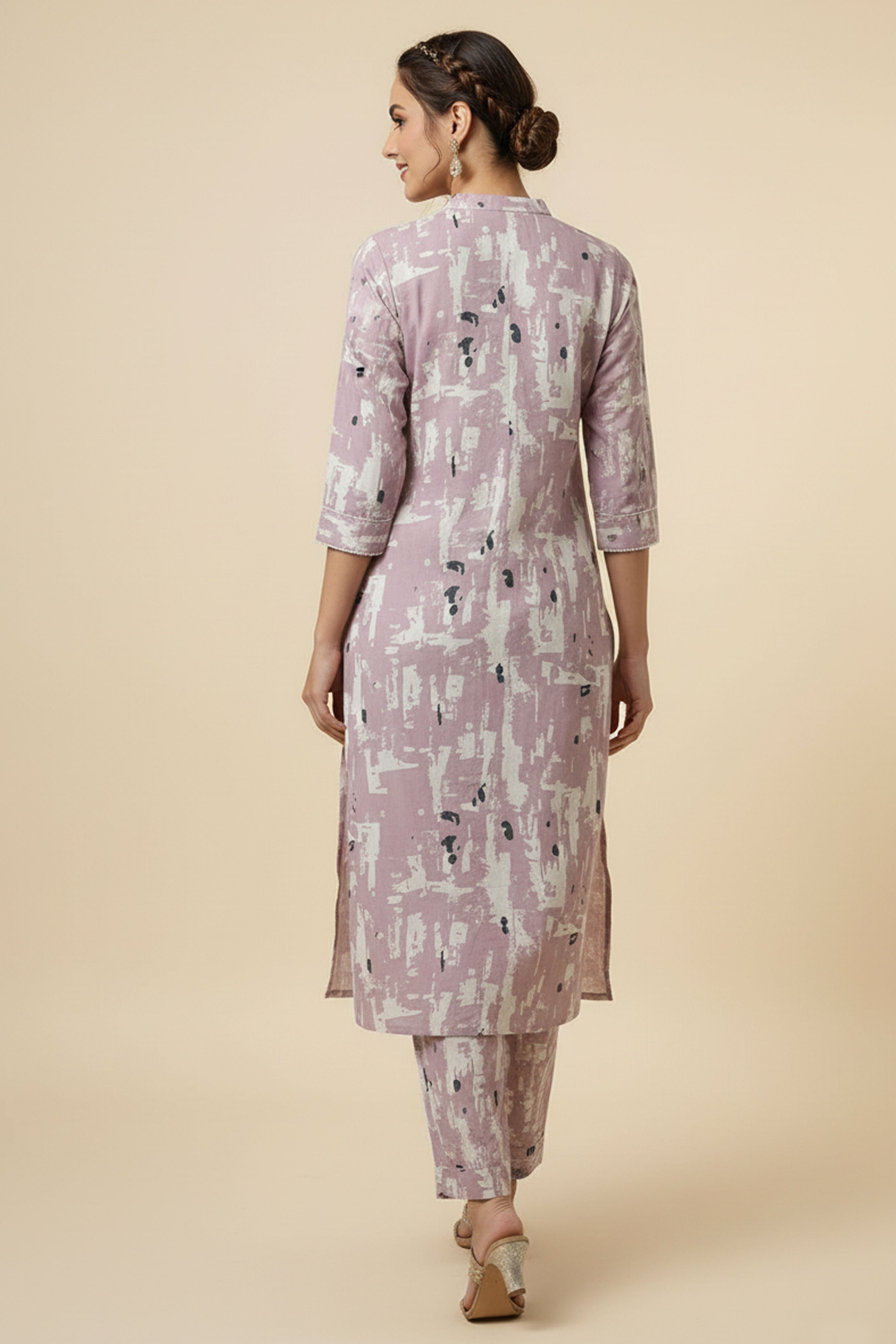 Baby Pink Abstract Printed Cotton Flex Straight Cut Two Piece Set Perfect for Smart Casual Looks