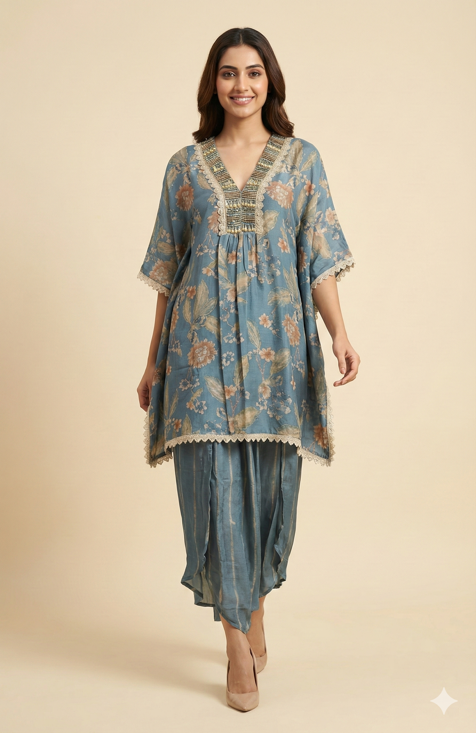 Blue Floral Printed Muslin Kaftan Top Bottom Set Ideal for Festive