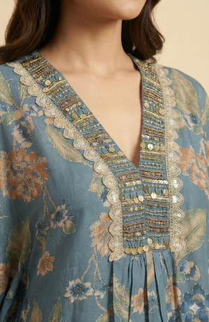 Blue Floral Printed Muslin Kaftan Top Bottom Set Ideal for Festive