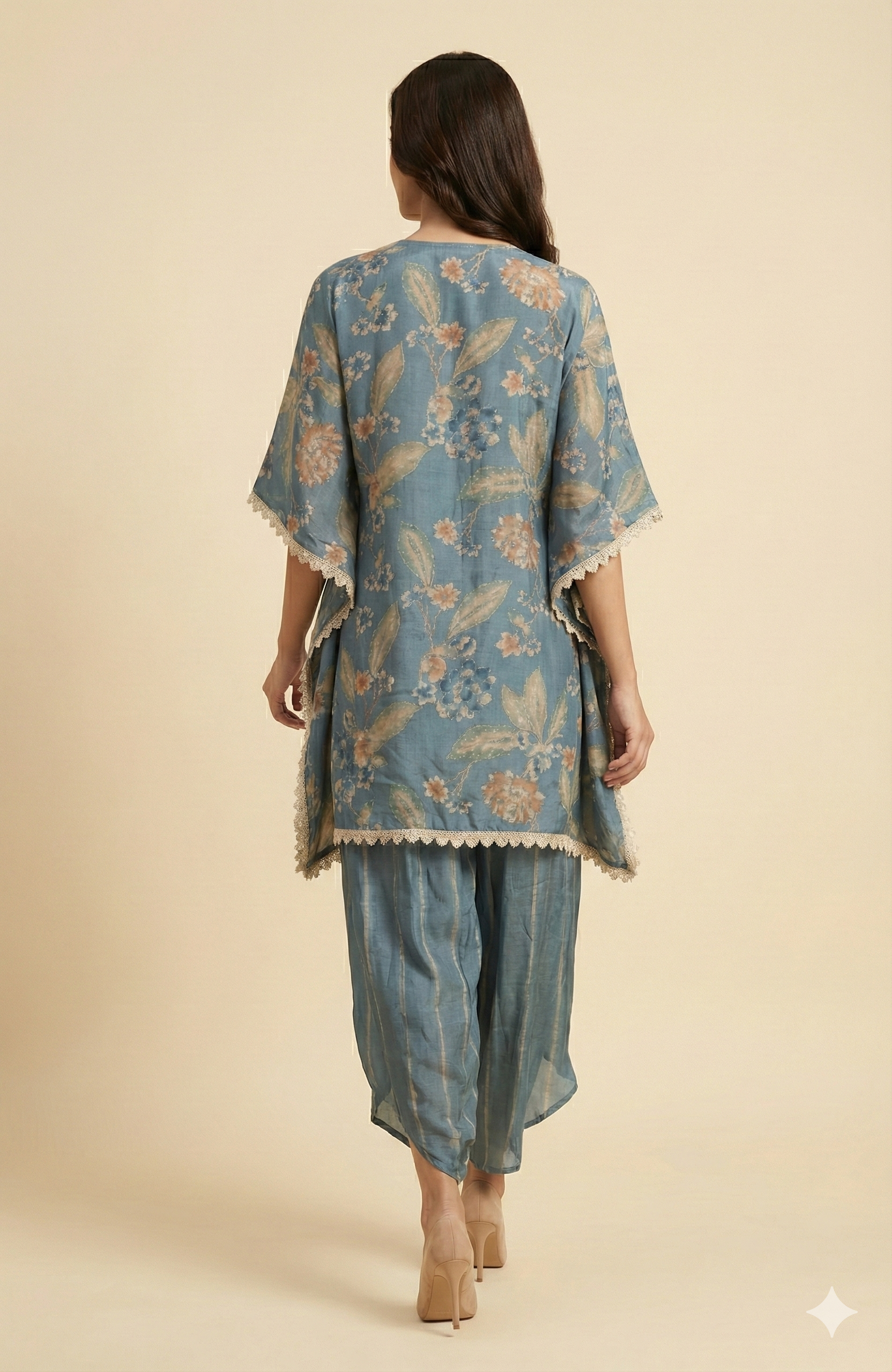 Blue Floral Printed Muslin Kaftan Top Bottom Set Ideal for Festive