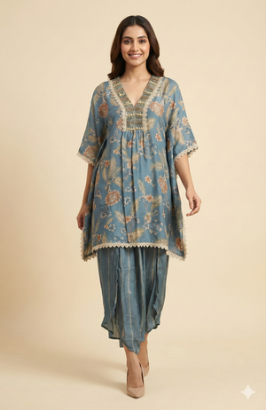 Blue Floral Printed Muslin Kaftan Top Bottom Set Ideal for Festive