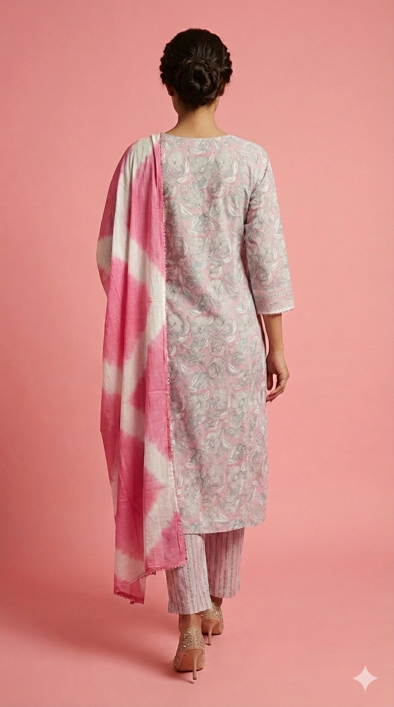 Light Pink Pure Cotton Straight Cut Salwar Suit Featuring Floral Prints and Handwork