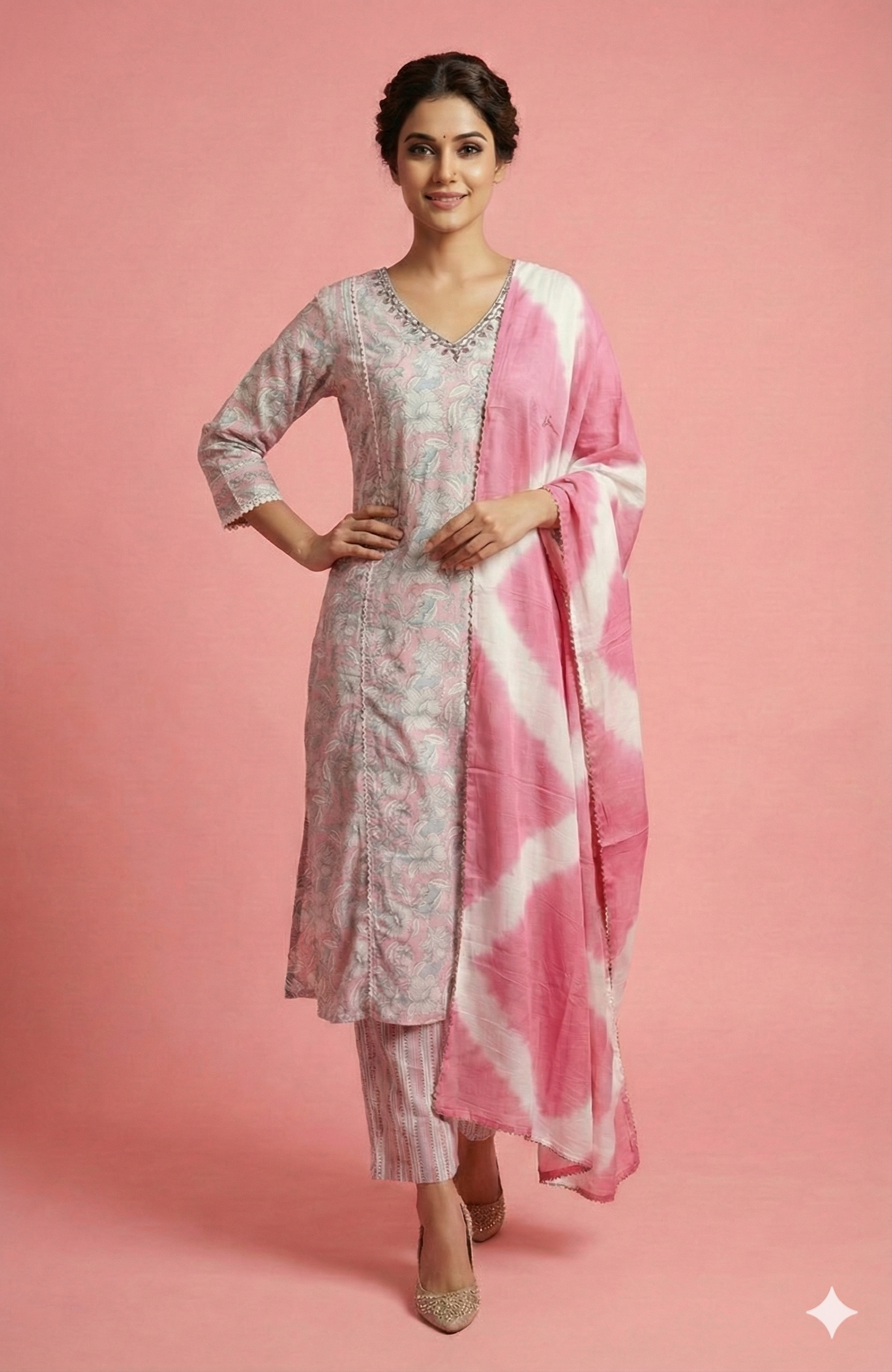 Light Pink Pure Cotton Straight Cut Salwar Suit Featuring Floral Prints and Handwork
