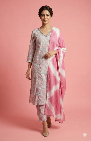 Light Pink Pure Cotton Straight Cut Salwar Suit Featuring Floral Prints and Handwork